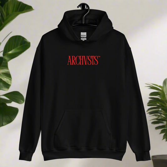 Black hoodie with red 'ARCHIVISTS' text on a white background