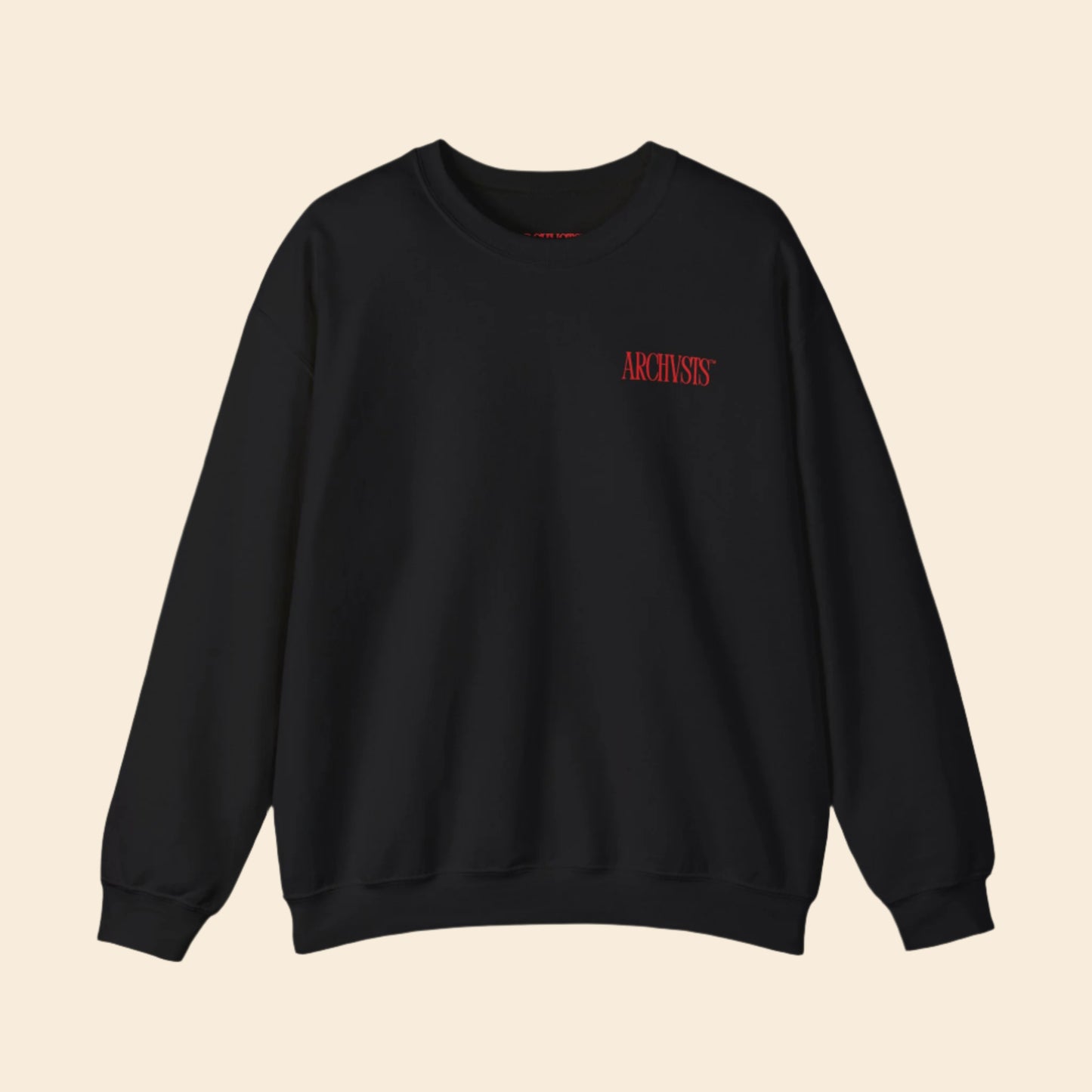 Black sweatshirt with red logo ARCHVSTS X MENTALLY SWEATSHIRT on a white background