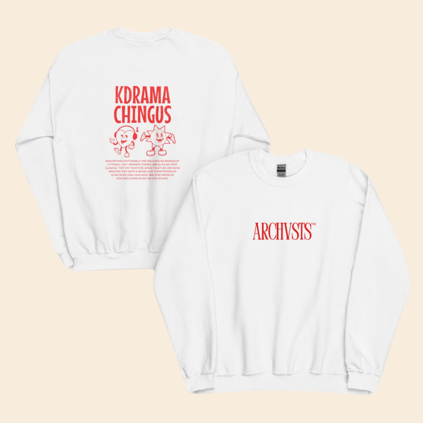 White sweatshirt with red text ARCHVSTS and KDRAMA CHINGUS graphics on a white background