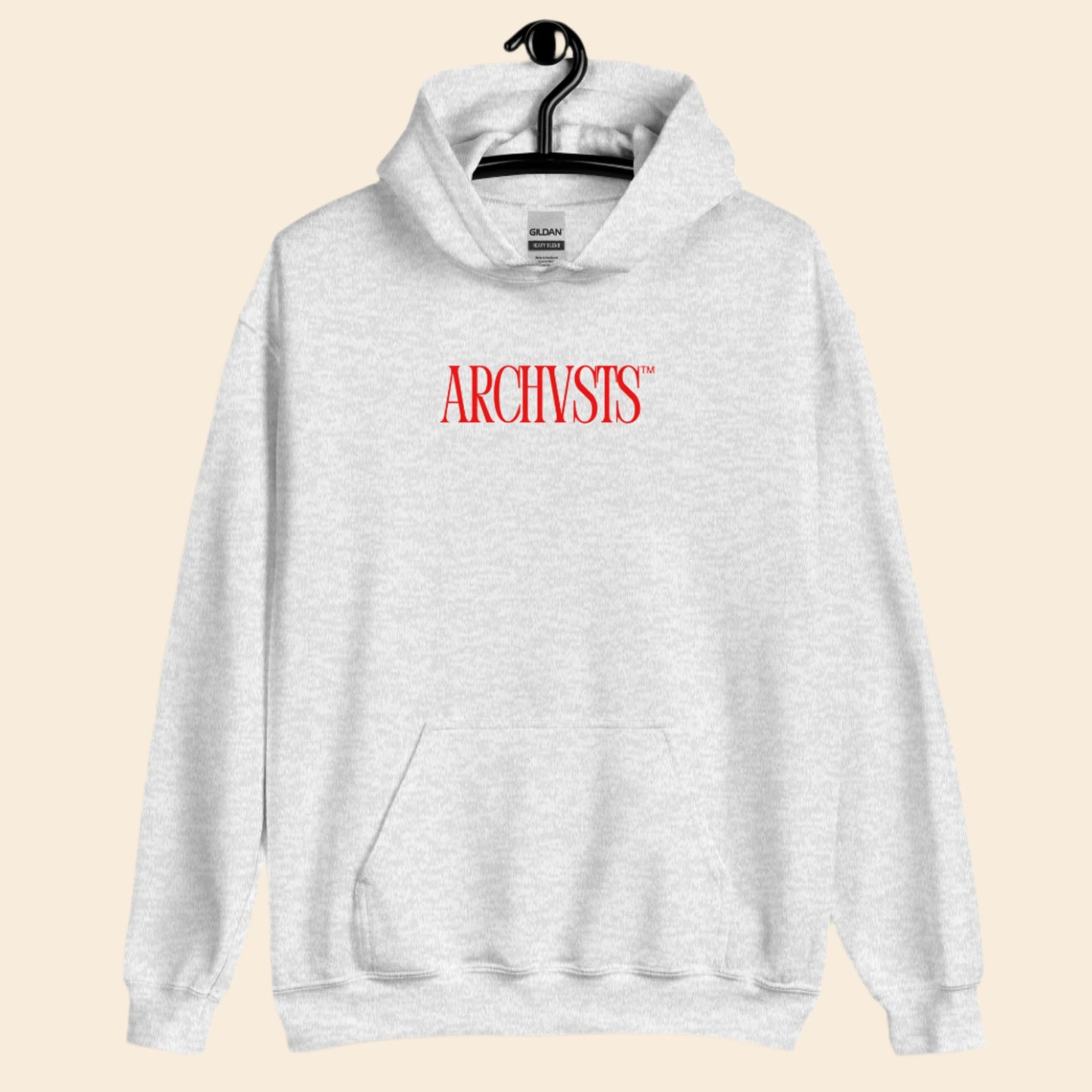 Ash white hoodie with red text 'ARCHIVSTS' on a hanger against a white background
