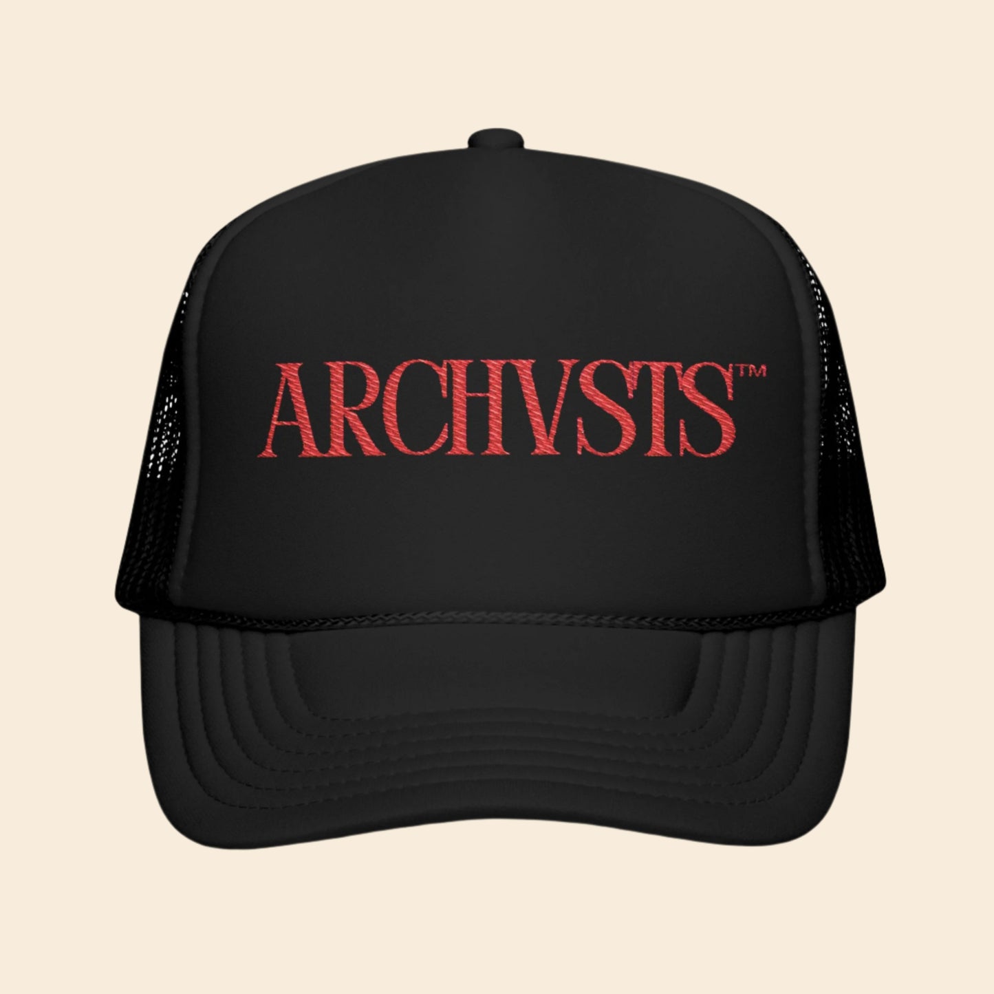 Black trucker cap with red 'ARCHVSTS' logo on a white background