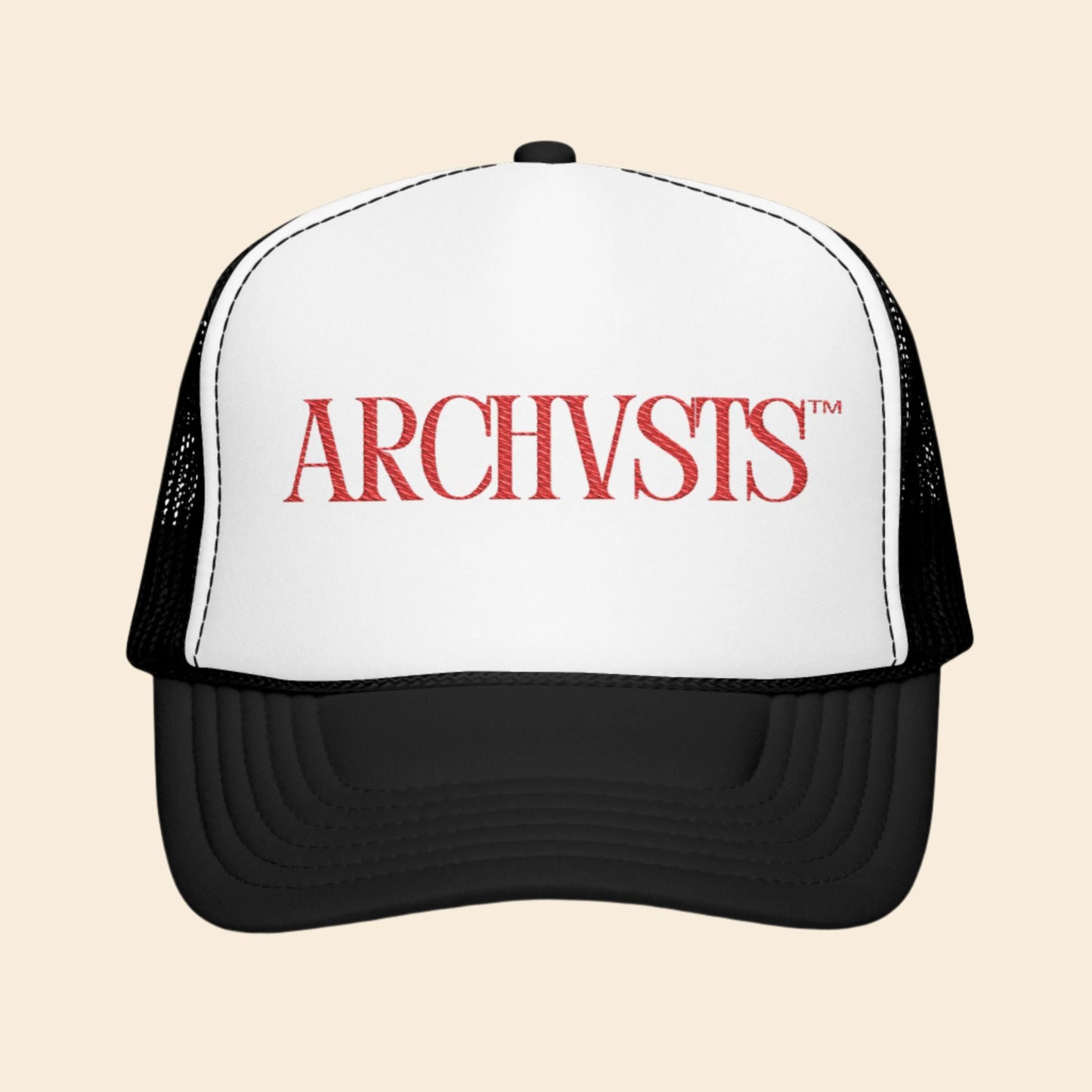 Trucker hat with 'ARCHVSTS' logo on a white background