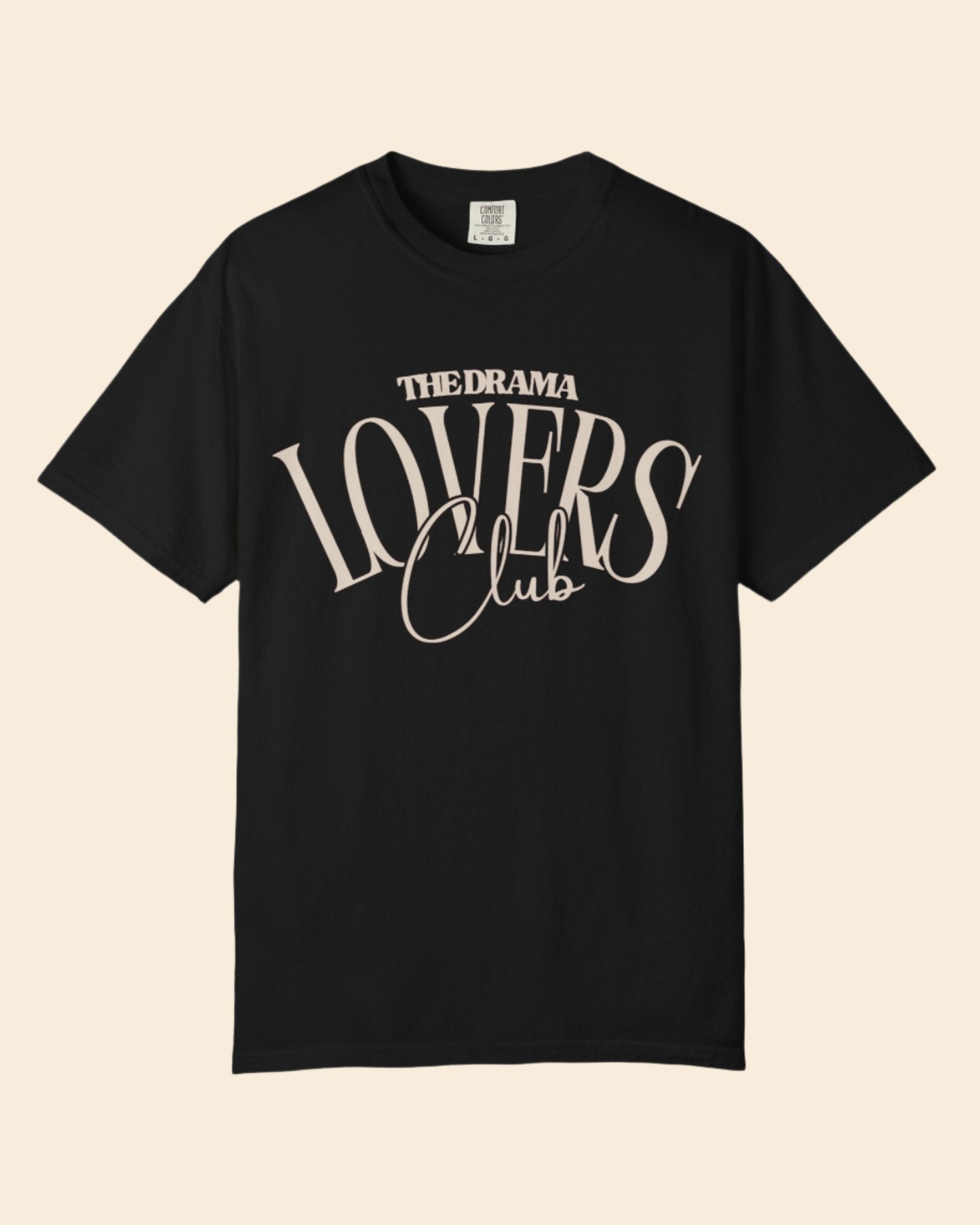 Black t-shirt with 'The Drama Lovers Club' text on a white background