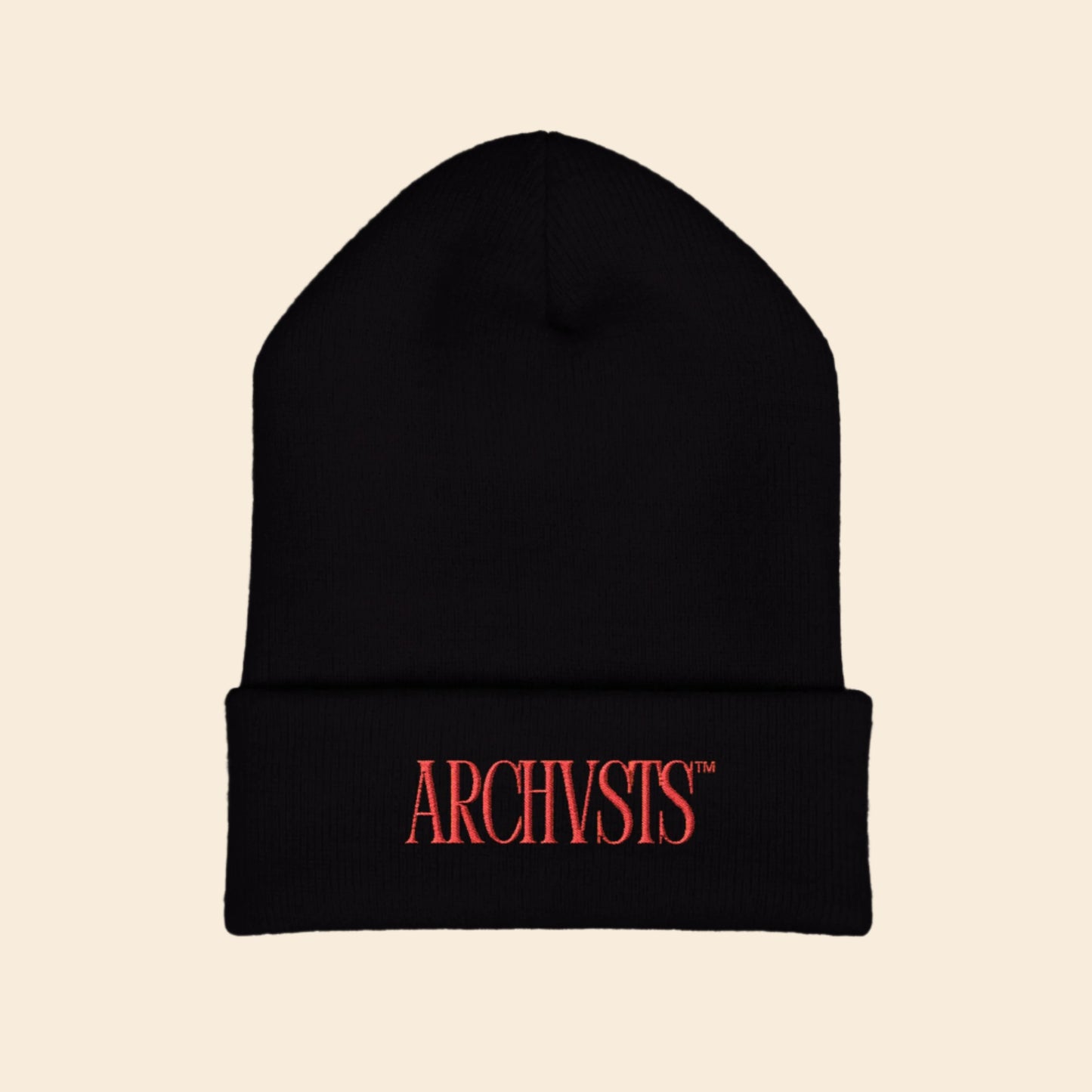 Black beanie with red 'ARCHVSTS' logo on a white background
