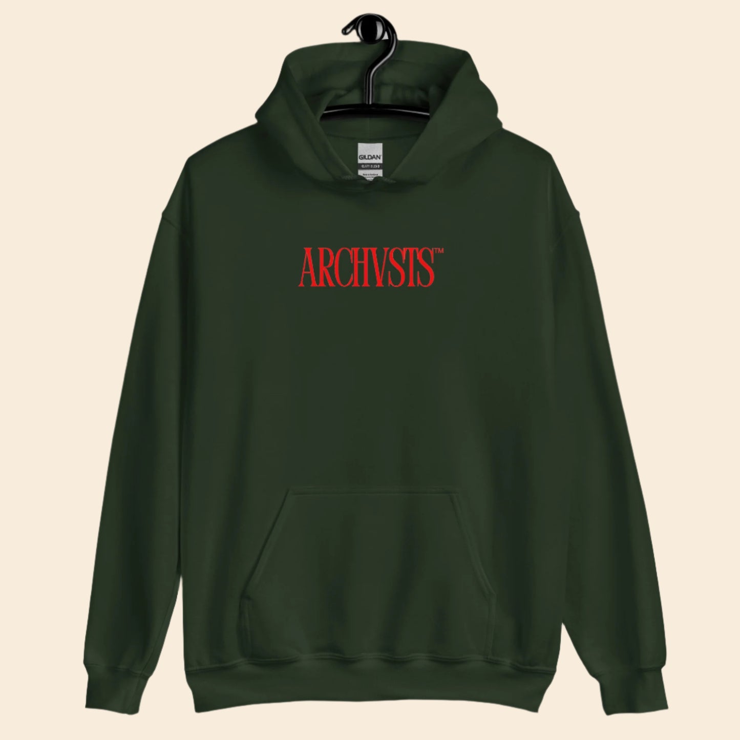 Green hoodie with red text 'ARCHIVISTS' on a white background