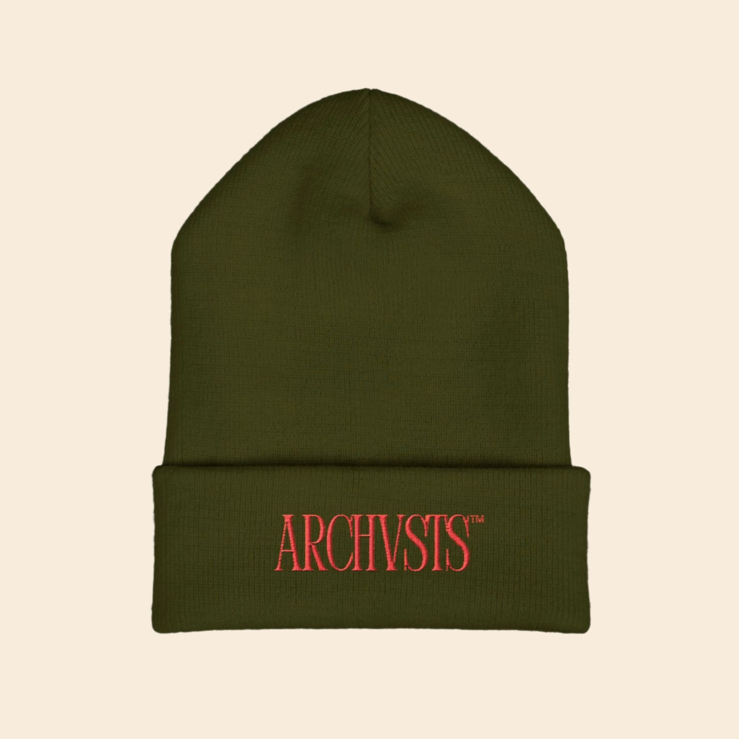 Green beanie with red 'ARCHVSTS' logo on a white background