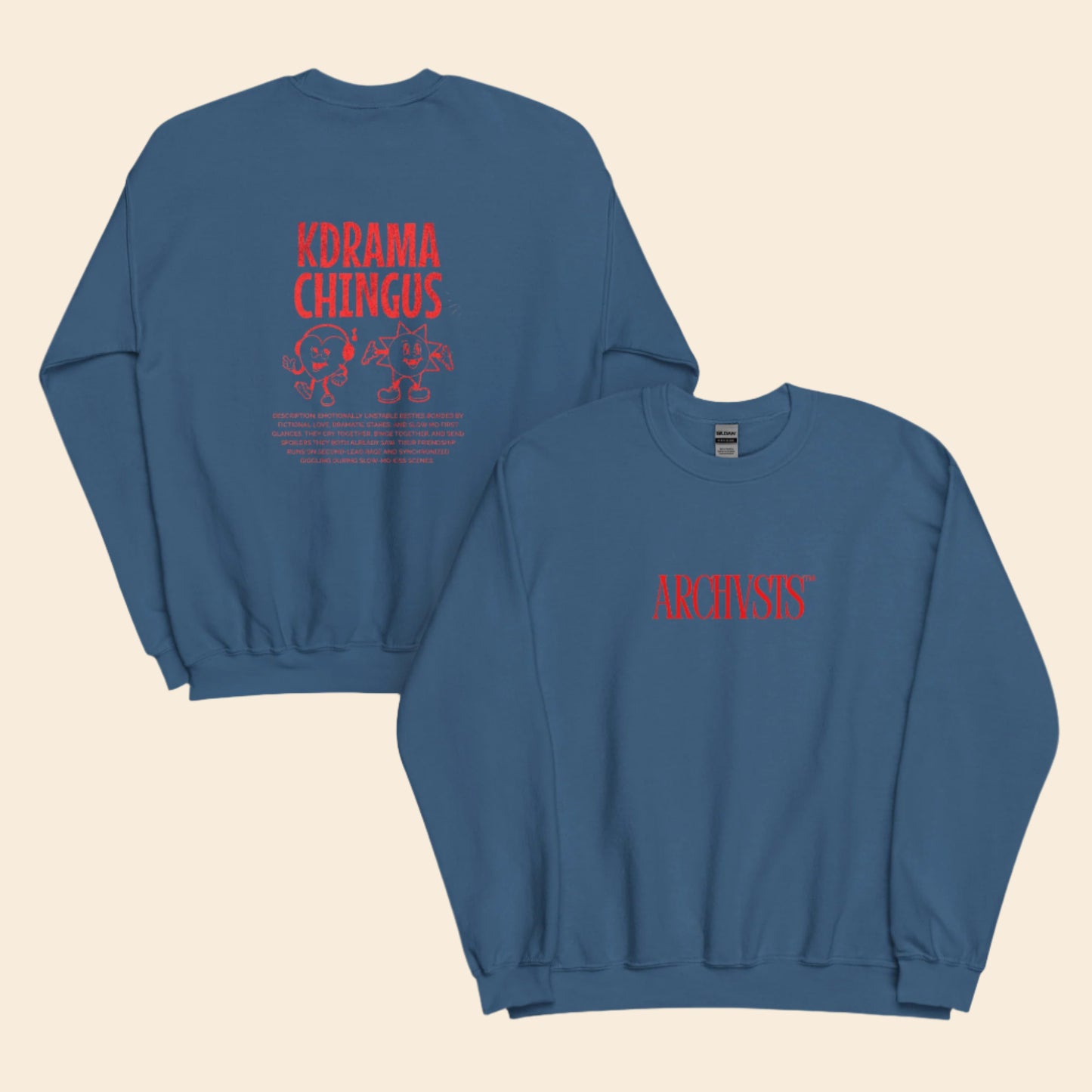 Blue sweatshirt with red text on front archvsts and back kdrama chingus, displayed on a white background