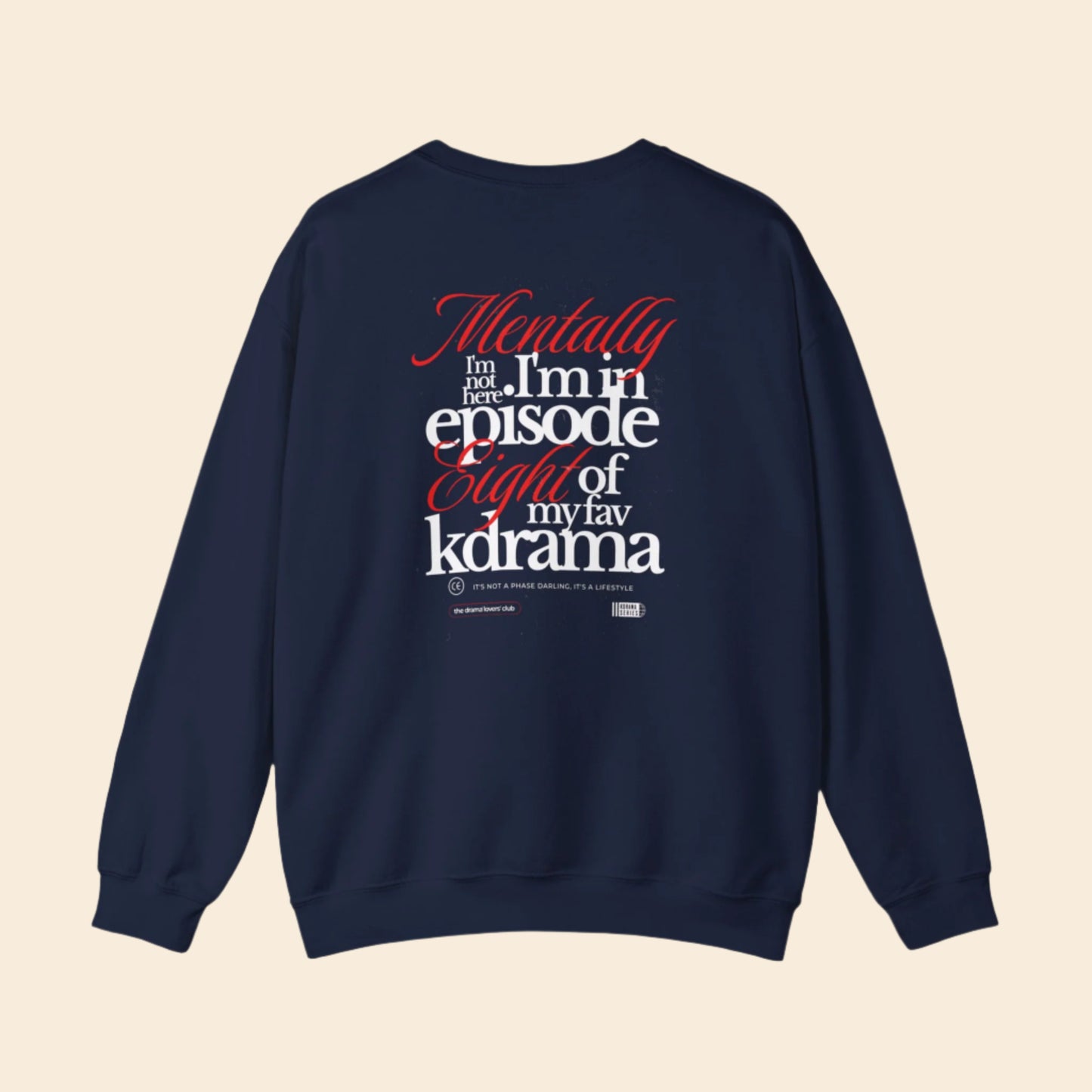 Navy blue sweatshirt with text ARCHVSTS X MENTALLY SWEATSHIRT on the back on a white background