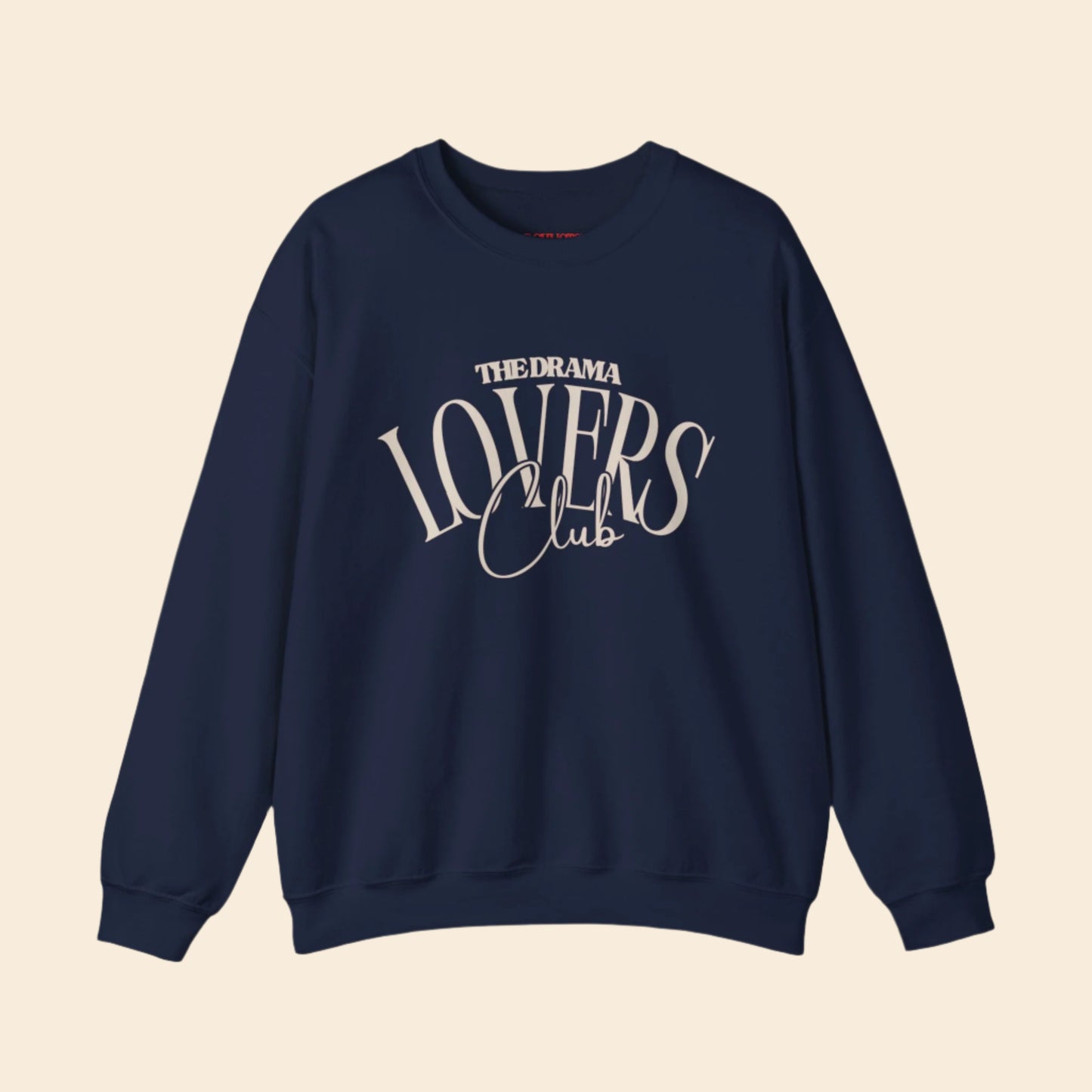 Navy blue sweatshirt with 'The Drama Lovers Club' text on a white background