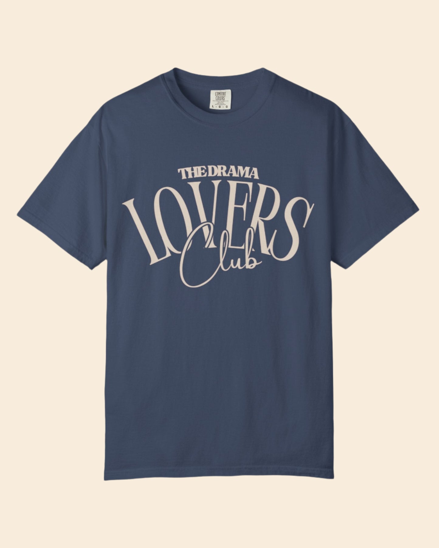 pale blue t-shirt with 'The Drama Lovers Club' text on a white background