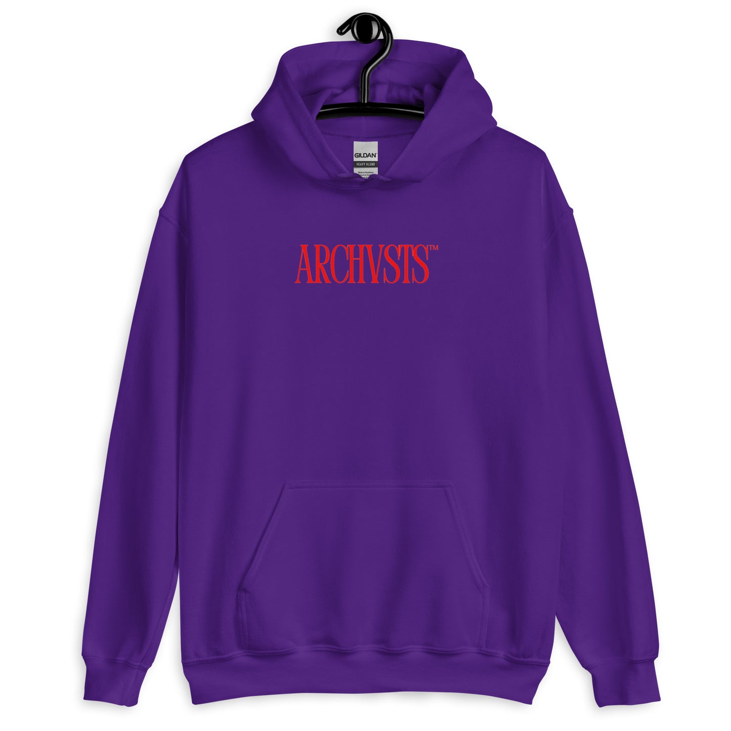Purple hoodie with red text on a white background