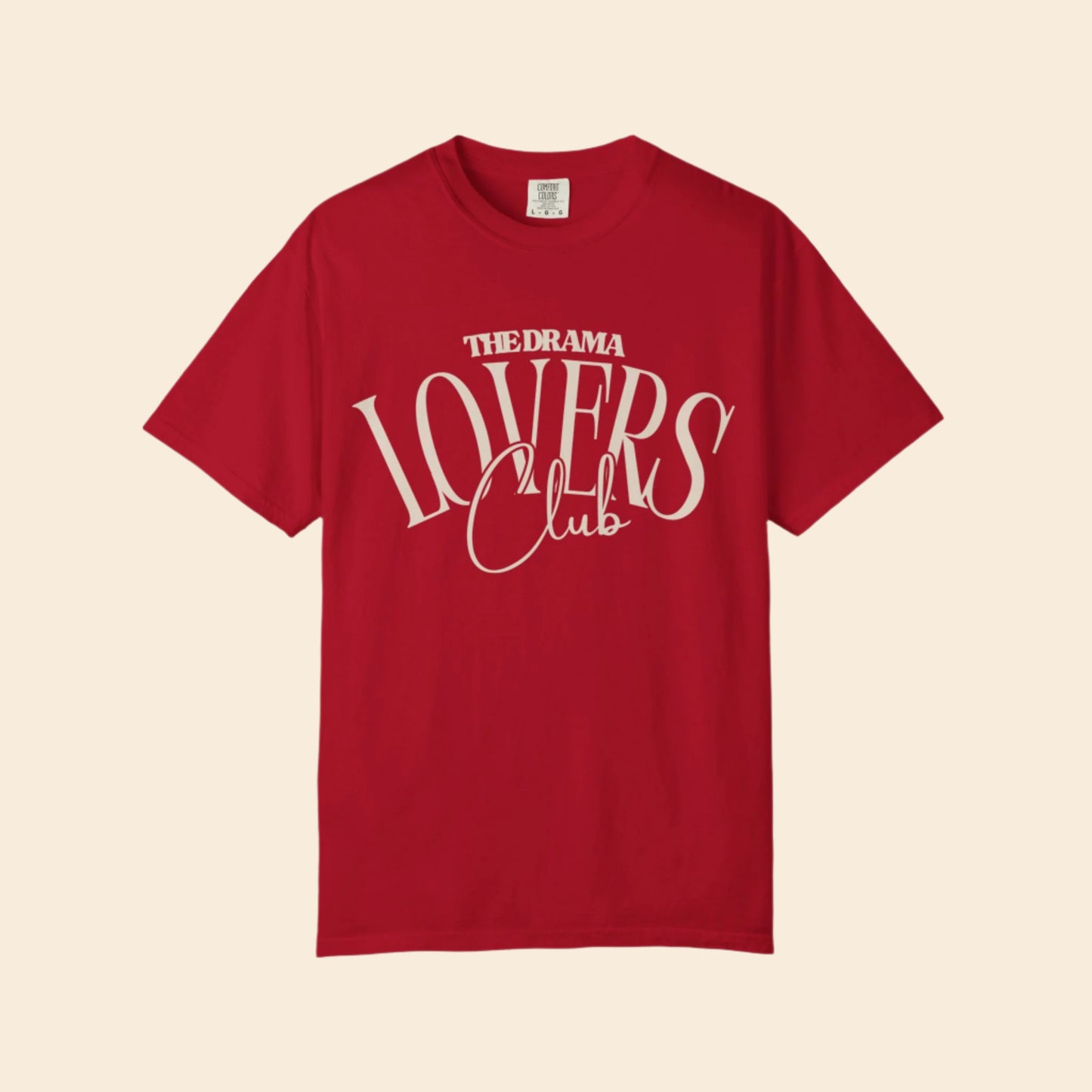 Red t-shirt with 'The Drama Lovers Club' text on a white background