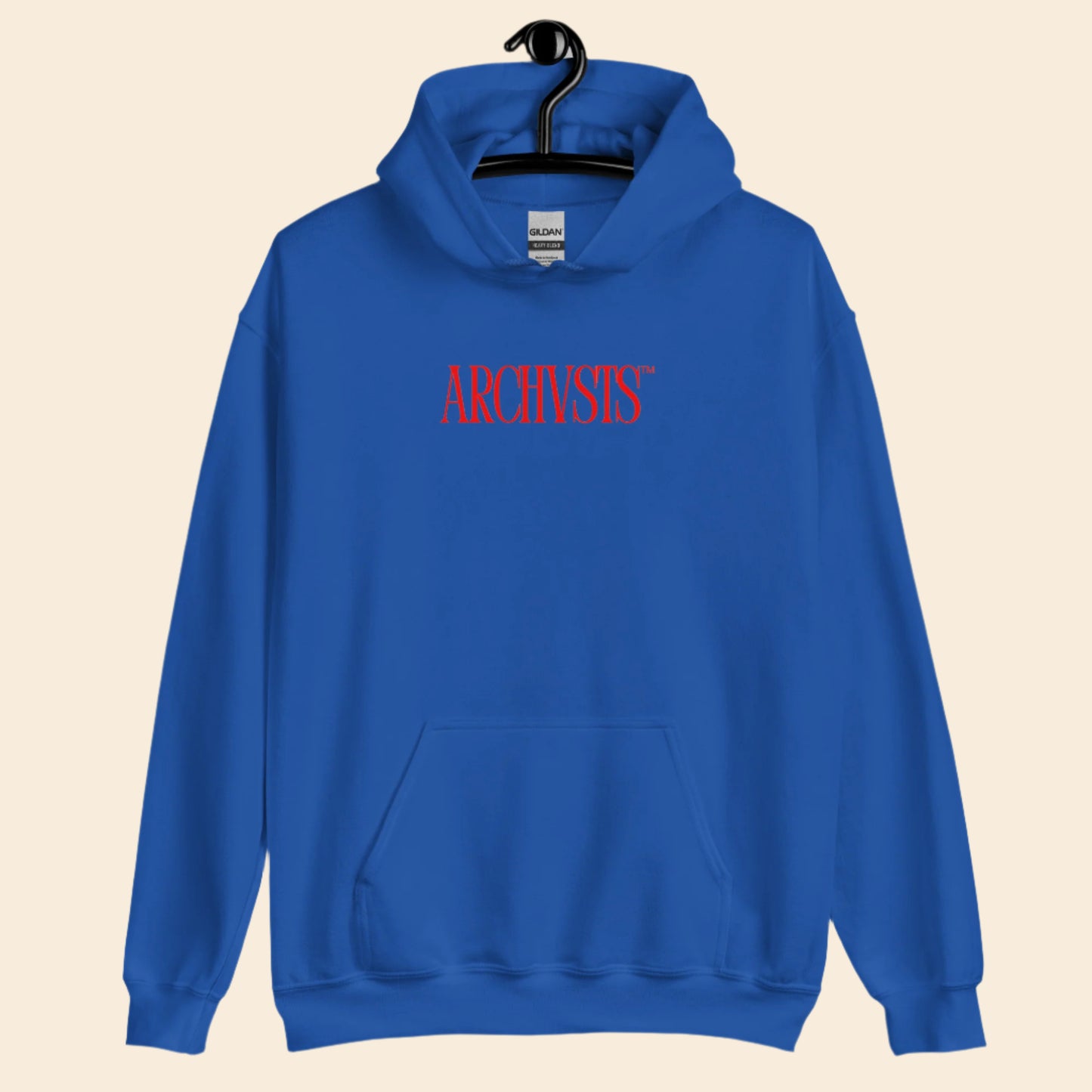 Blue hoodie with red text on a white background