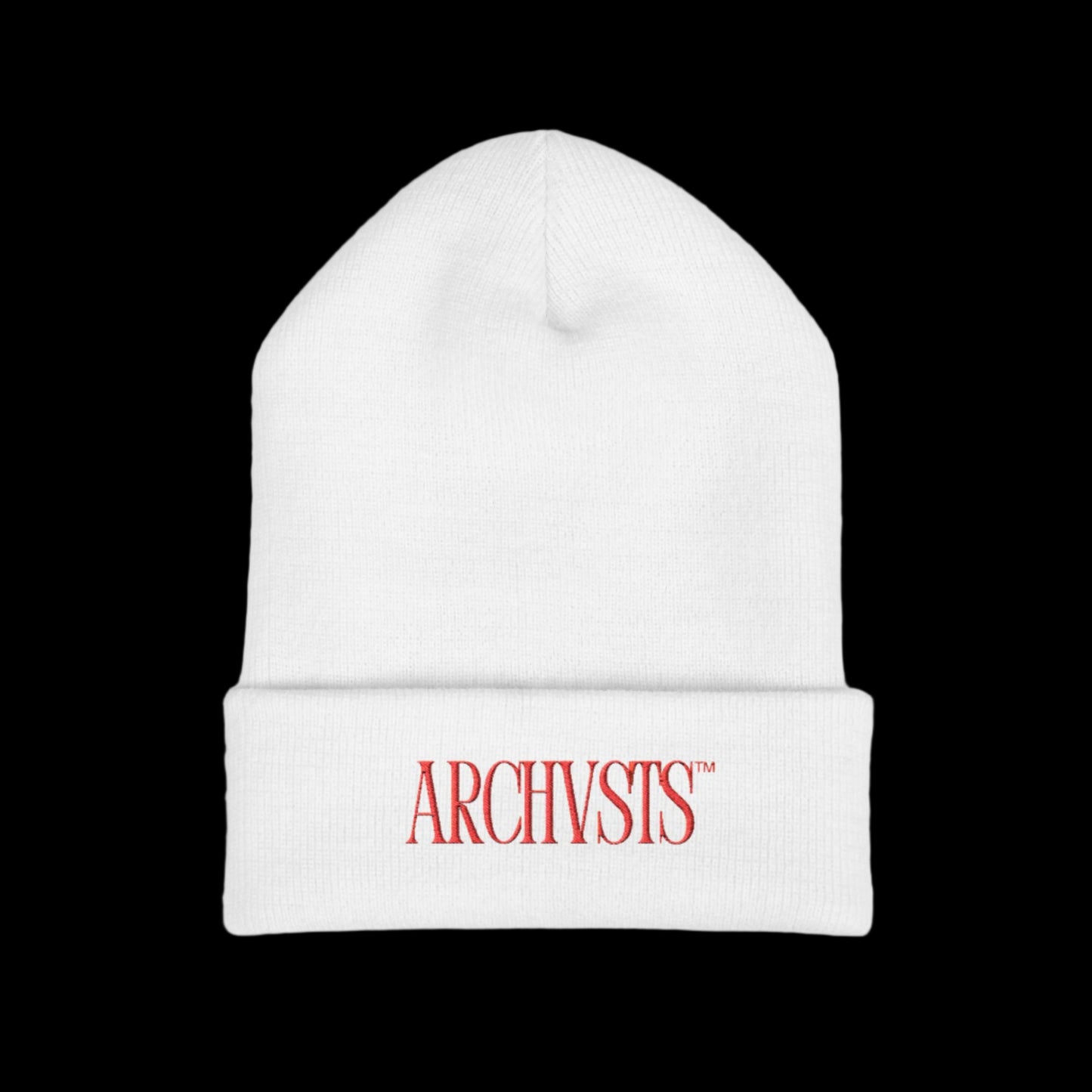 White beanie with red 'ARCHVSTS' logo on a white background