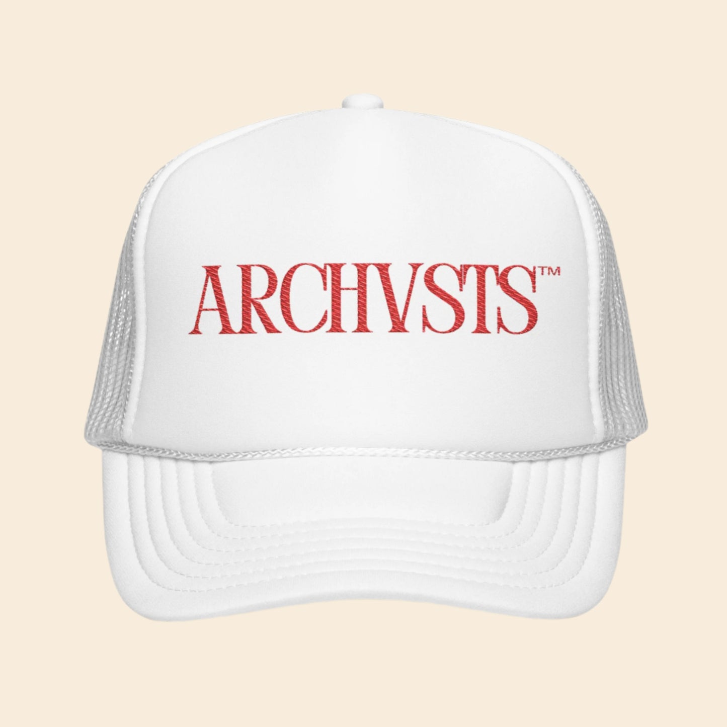 White cap with red 'ARCHVSTS' text on a white background