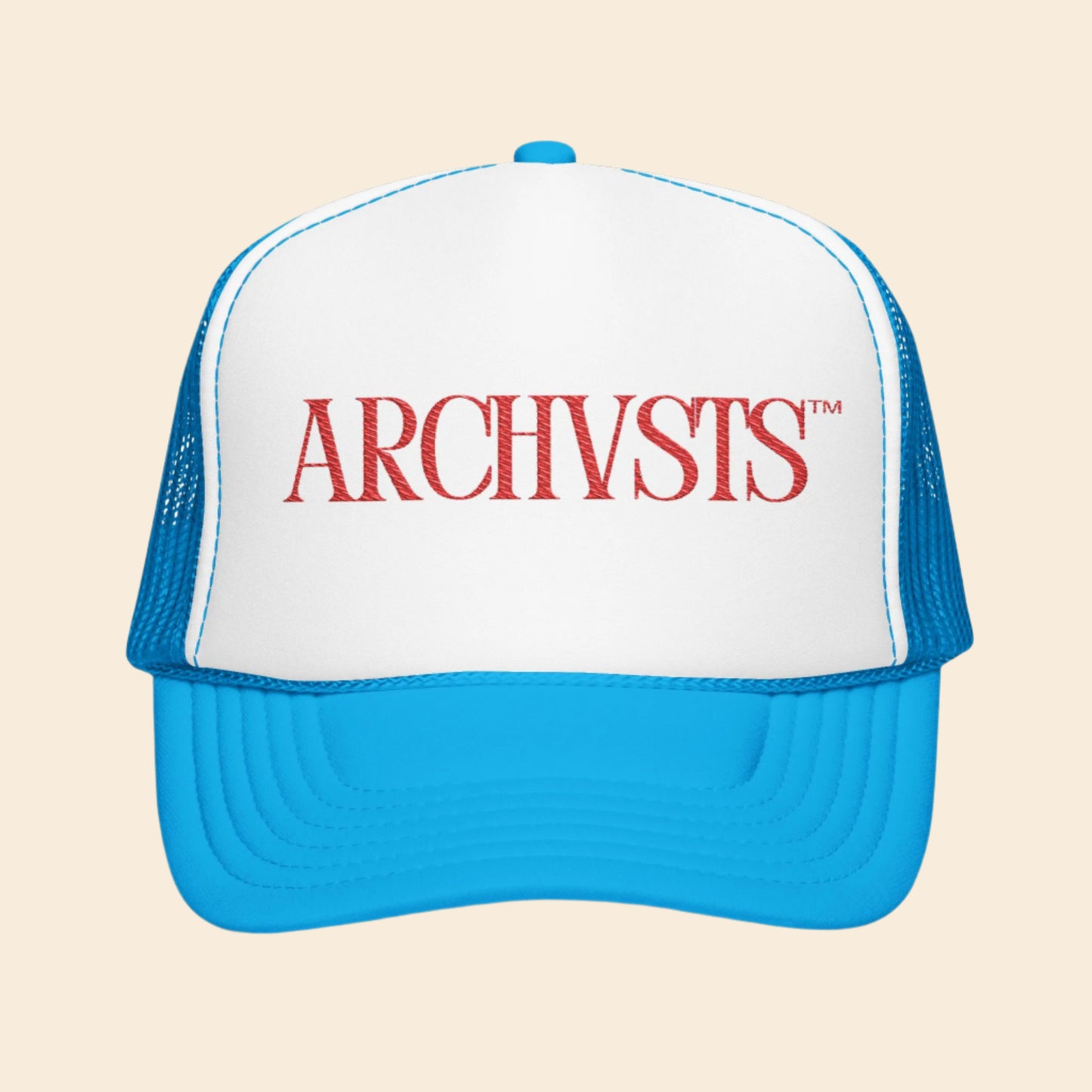 Blue and white cap with 'ARCHVSTS' logo on a white background