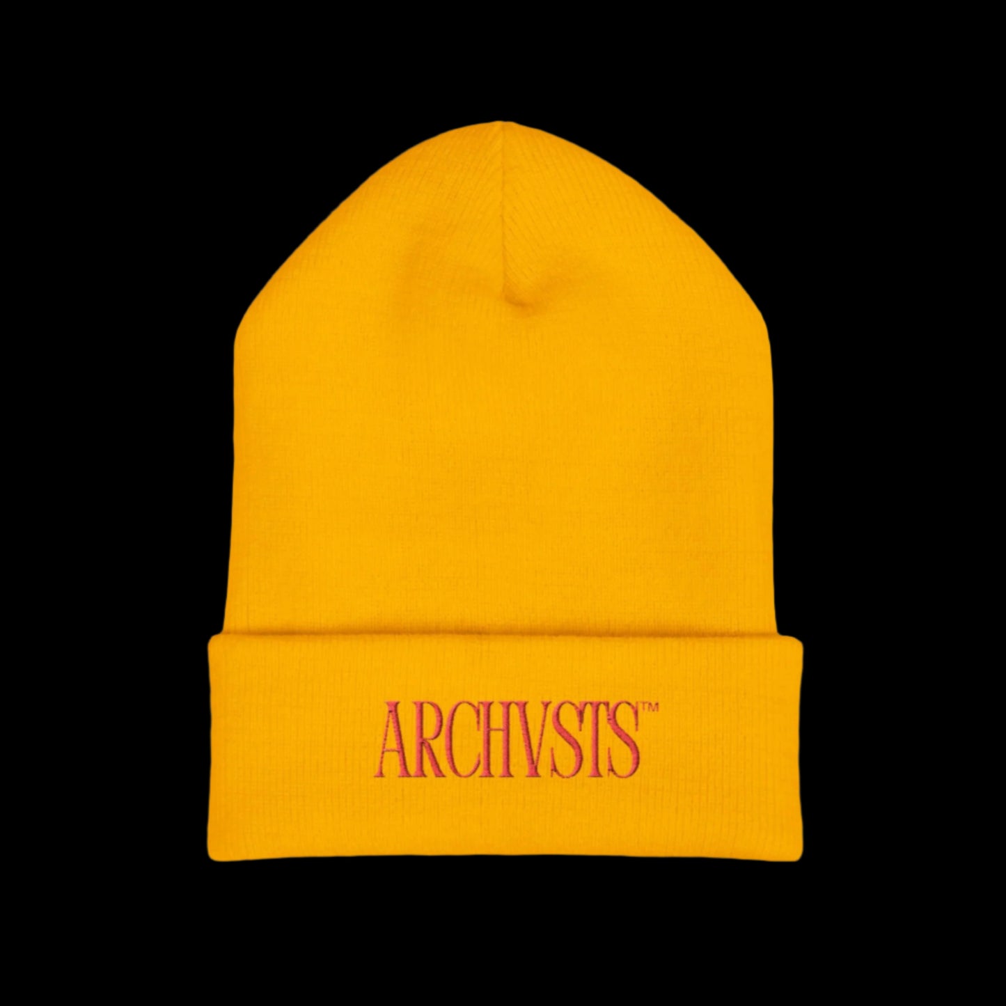 Yellow beanie with 'ARCHVSTS' logo on a white background