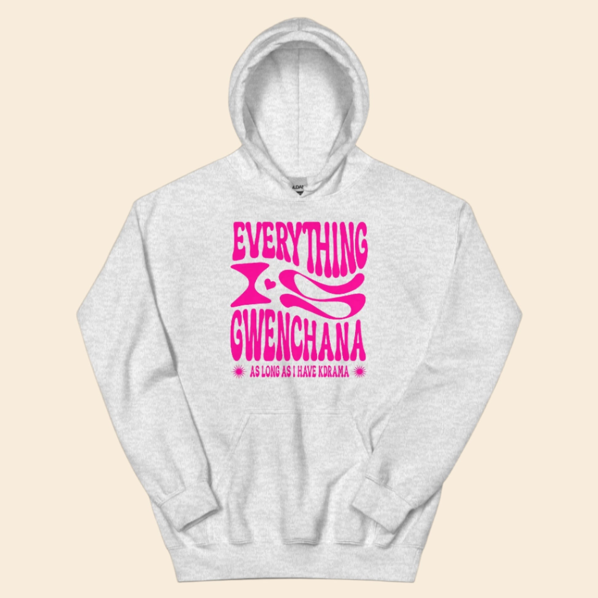 Gray hoodie with pink text Everything is Gwenchana Hoodie ARCHVSTS™ on a white background