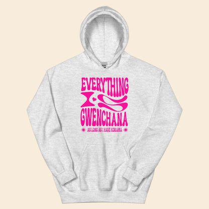 Gray hoodie with pink text Everything is Gwenchana Hoodie ARCHVSTS™ on a white background