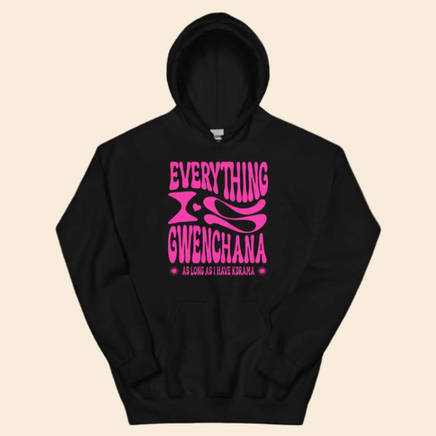 Black hoodie with pink text Everything is Gwenchana Hoodie ARCHVSTS™ on a white background