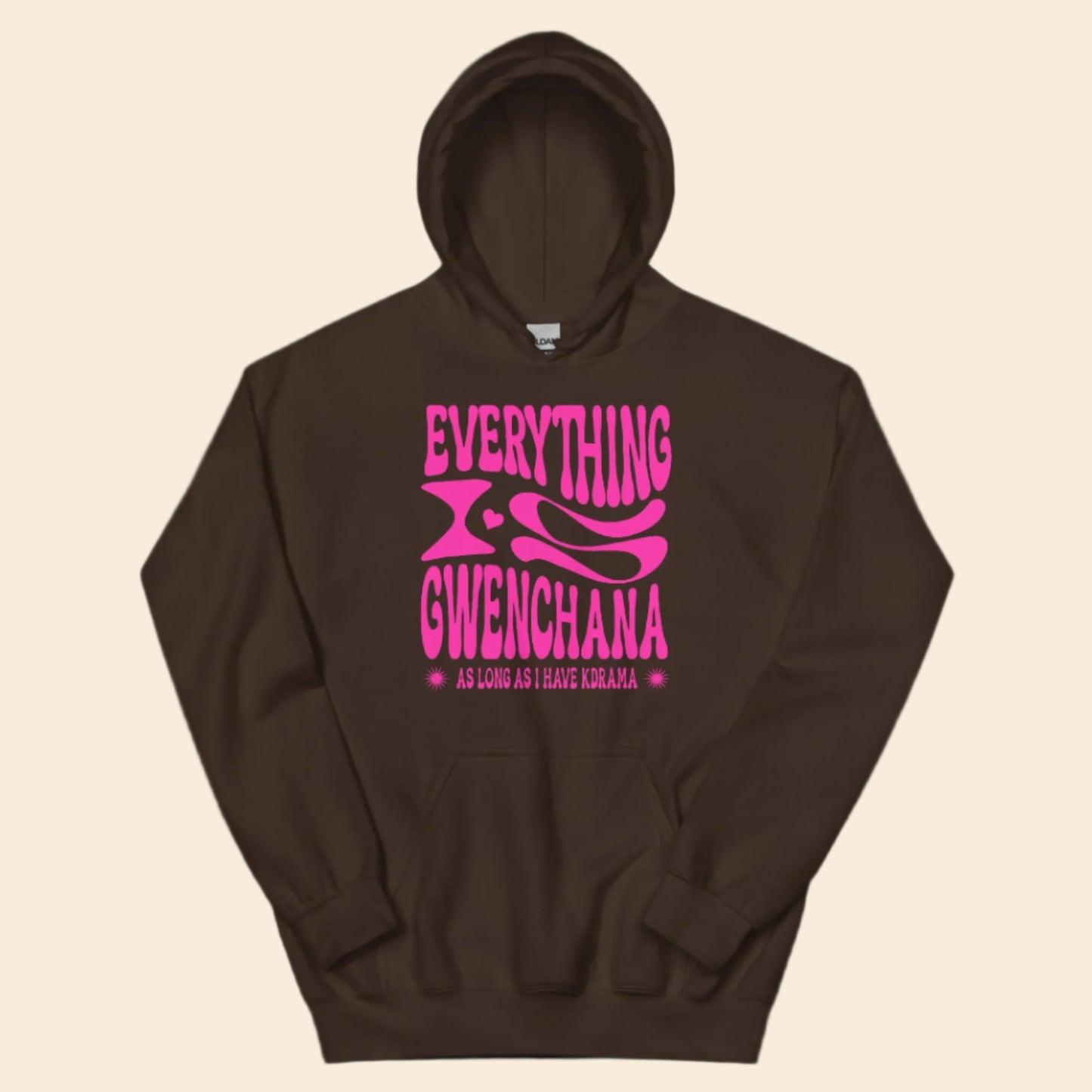 Brown hoodie with pink text Everything is Gwenchana Hoodie ARCHVSTS™ on a white background