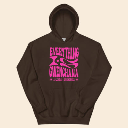 Brown hoodie with pink text Everything is Gwenchana Hoodie ARCHVSTS™ on a white background