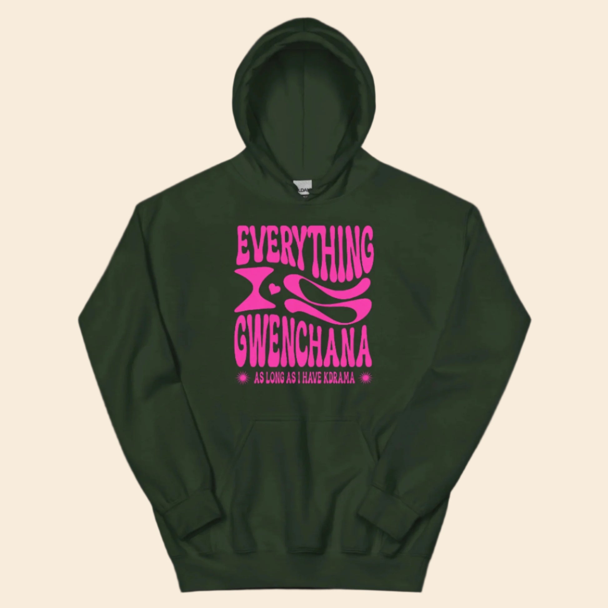 Dark green hoodie with pink text Everything is Gwenchana Hoodie ARCHVSTS™ on a white background