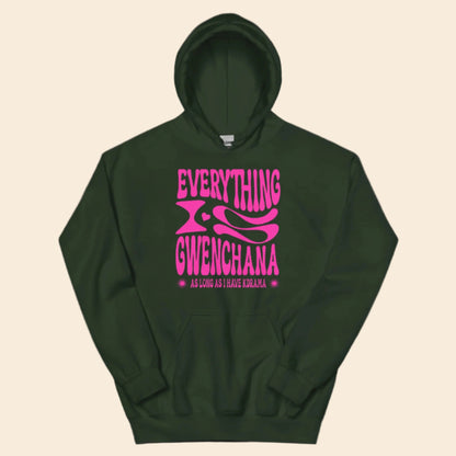 Dark green hoodie with pink text Everything is Gwenchana Hoodie ARCHVSTS™ on a white background