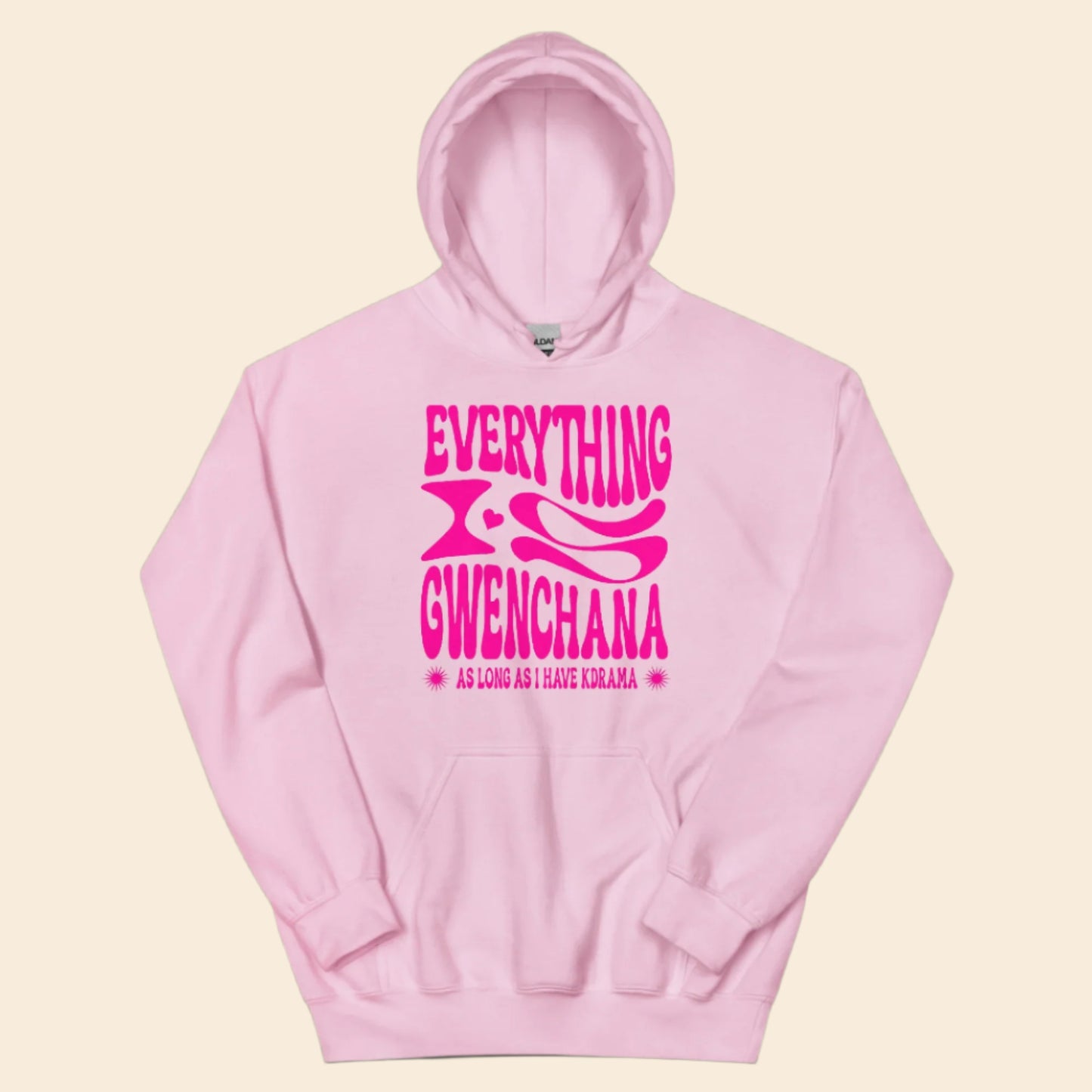 Pink hoodie with pink text Everything is Gwenchana Hoodie ARCHVSTS™ on a white background