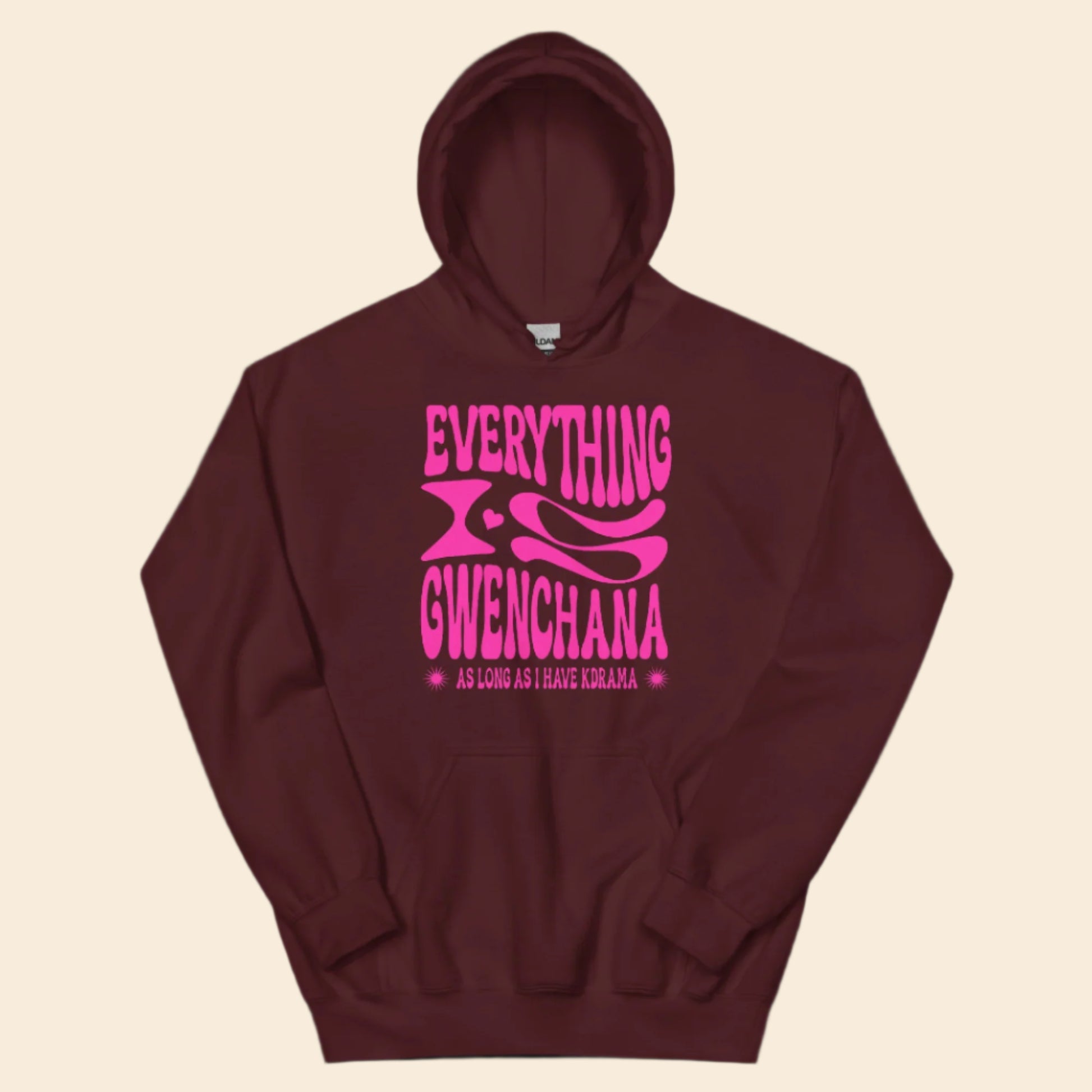 Maroon hoodie with pink text Everything is Gwenchana Hoodie ARCHVSTS™ on a white background