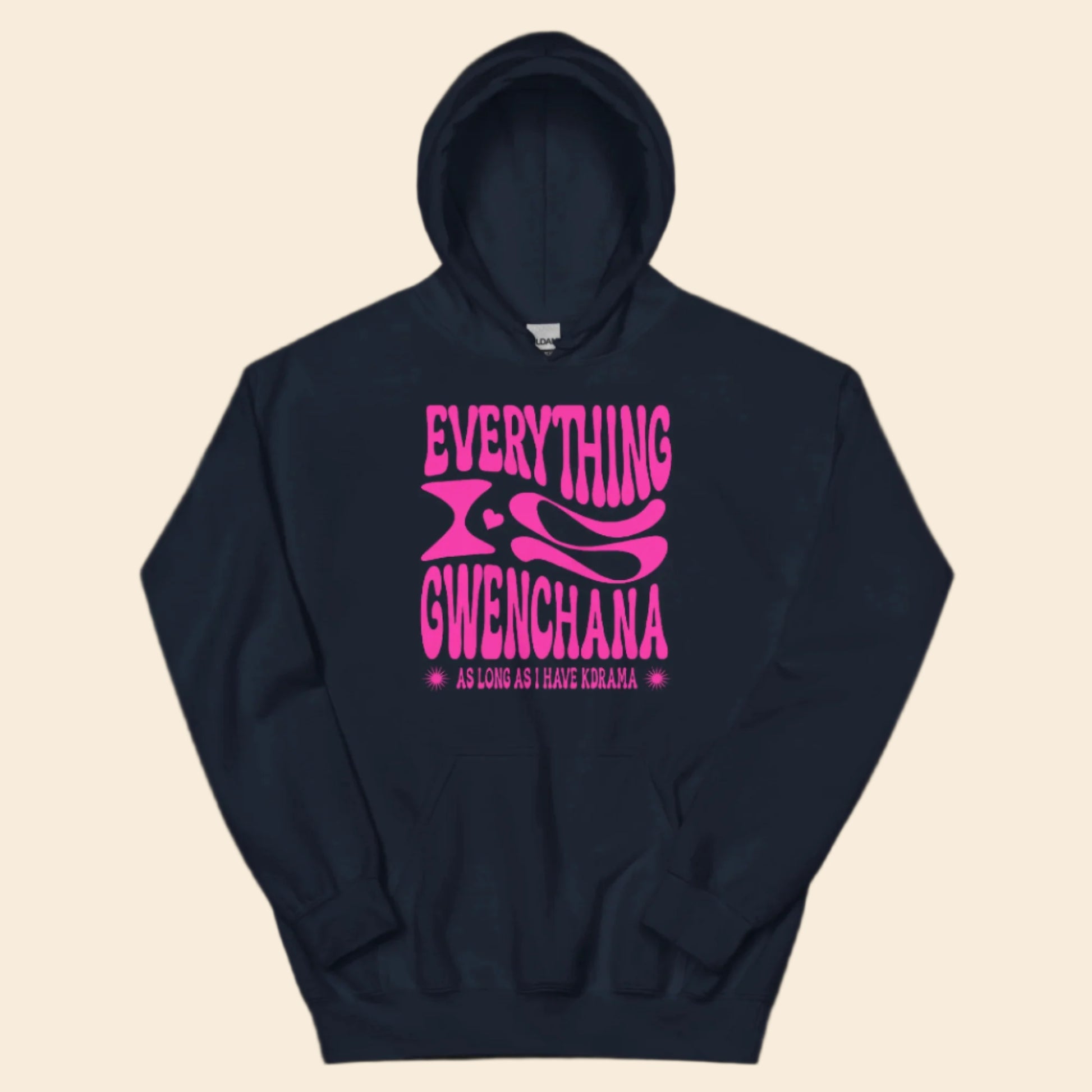 Navy blue hoodie with pink text Everything is Gwenchana Hoodie ARCHVSTS™ on a white background