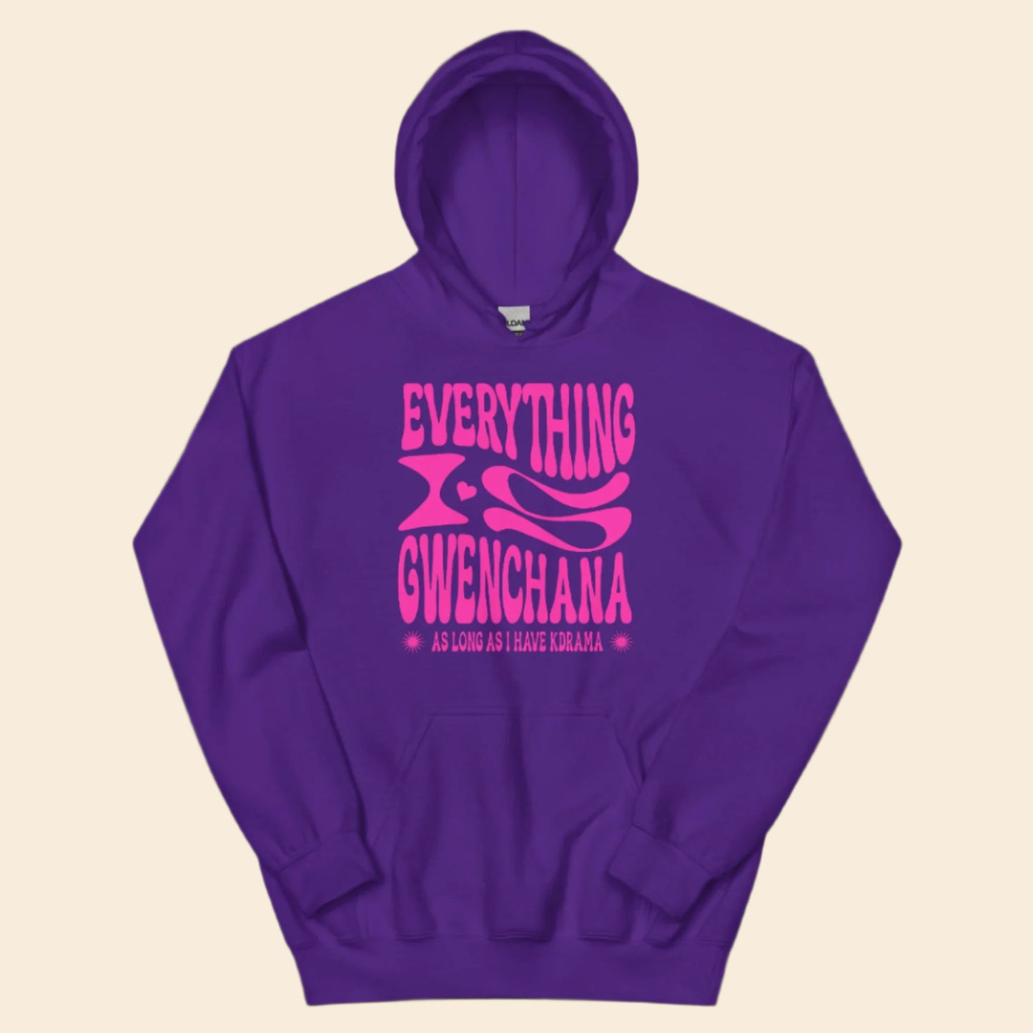 Purple hoodie with pink text Everything is Gwenchana Hoodie ARCHVSTS™ on a white background