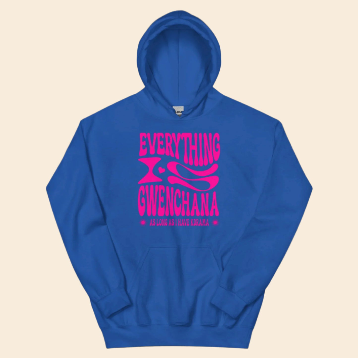 Blue hoodie with pink text Everything is Gwenchana Hoodie ARCHVSTS™ on a white background