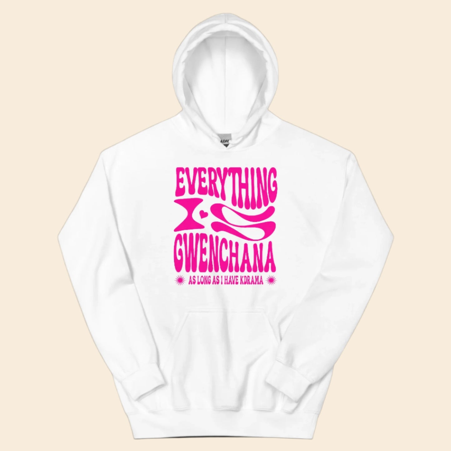 White hoodie with pink text Everything is Gwenchana Hoodie ARCHVSTS™ on a white background