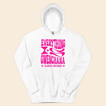 White hoodie with pink text Everything is Gwenchana Hoodie ARCHVSTS™ on a white background