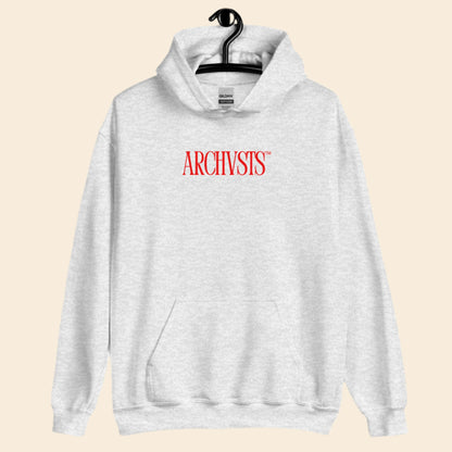 Ash white hoodie with red text 'ARCHIVSTS' on a hanger against a white background