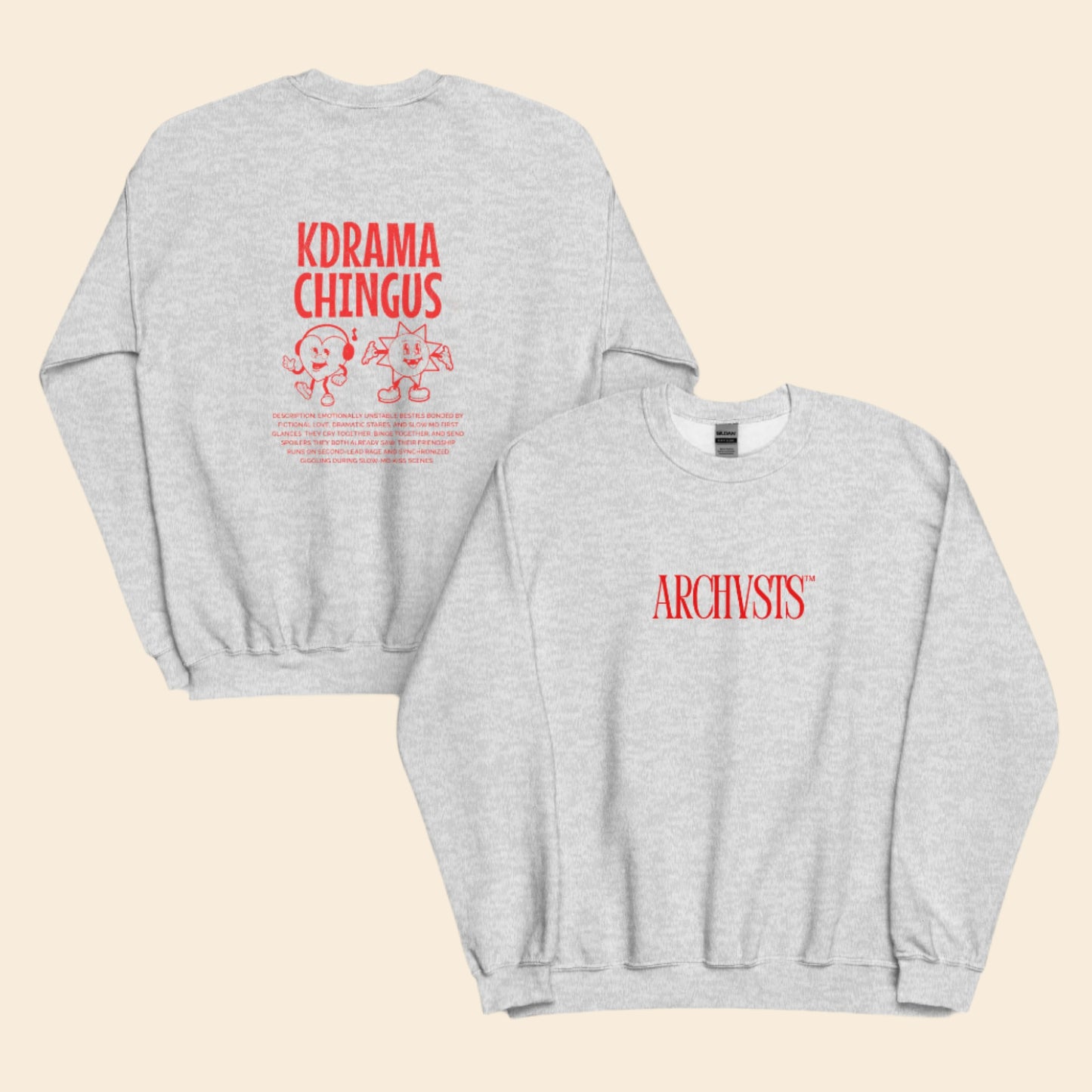 Gray sweatshirt with red text ARCHVSTS and KDRAMA CHINGUS graphics on a white background
