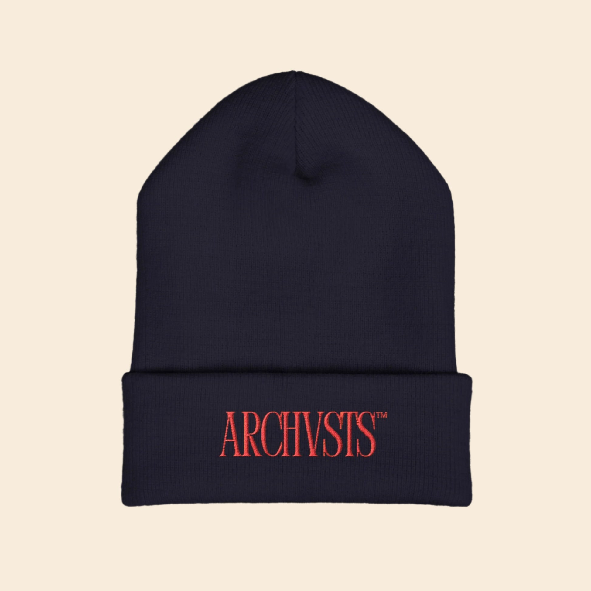 Black beanie with red 'ARCHVSTS' logo on a white background