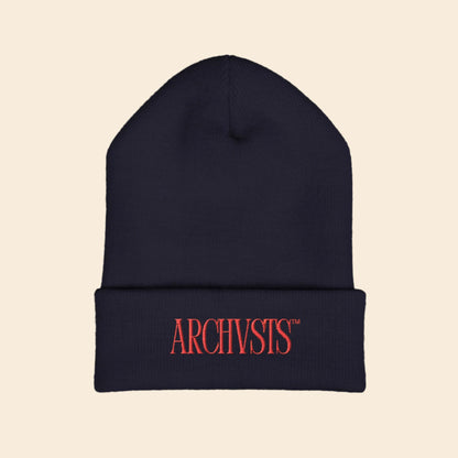 Black beanie with red 'ARCHVSTS' logo on a white background