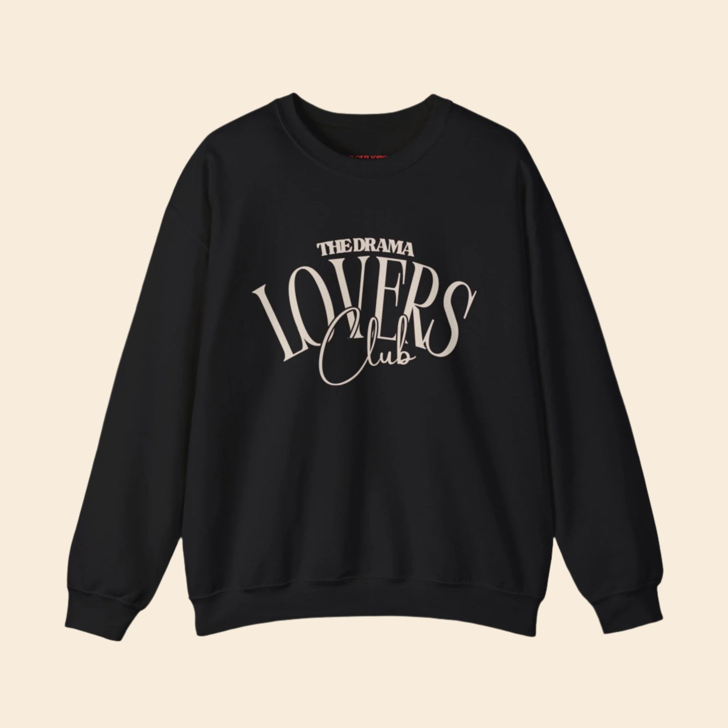 Black sweatshirt with 'The Drama Lovers Club' text on a white background