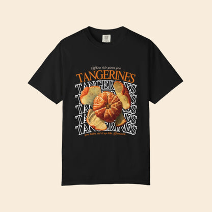 Black t-shirt with when life gives you  tangerine design and text on a white background