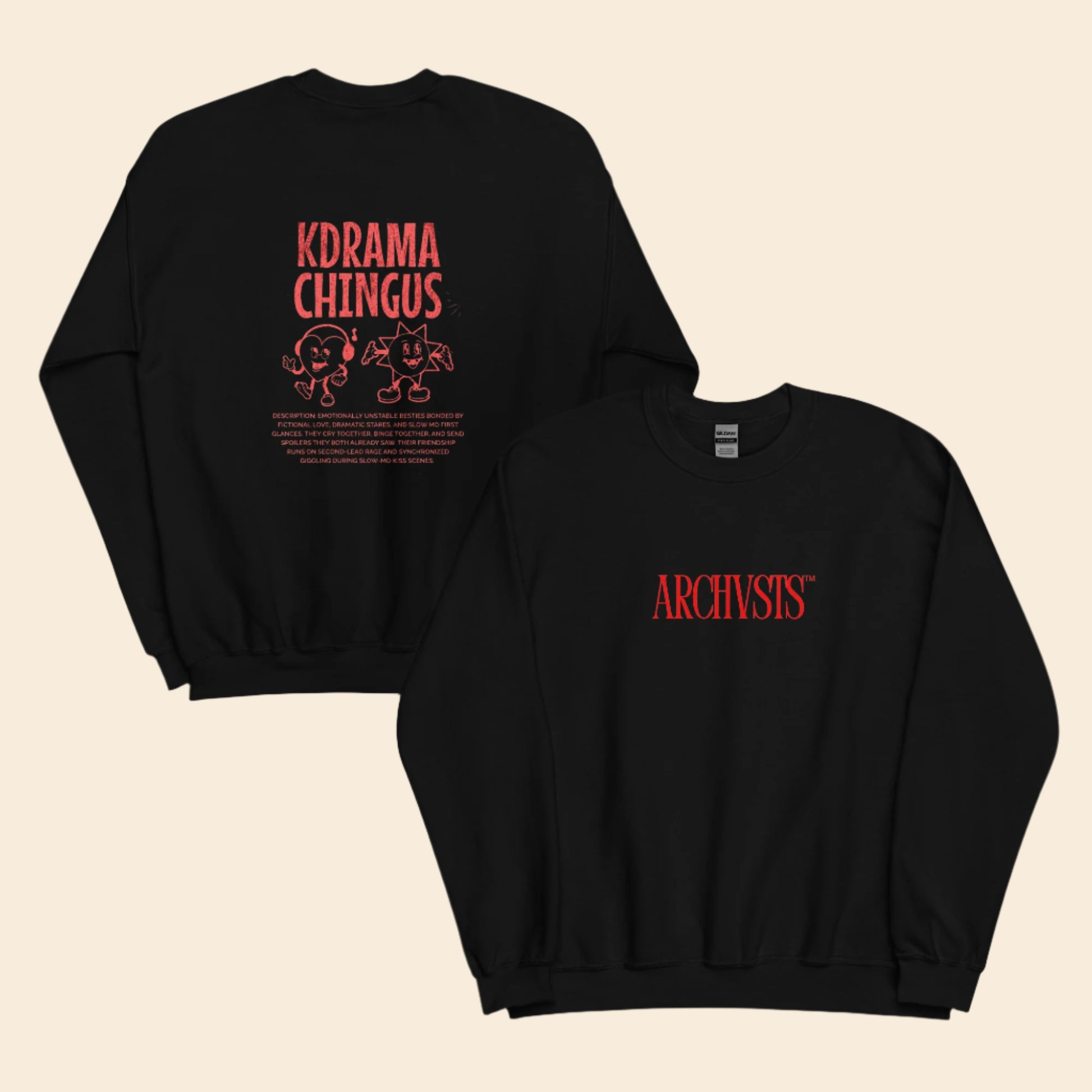 Black sweatshirt with red text and graphics on a white background