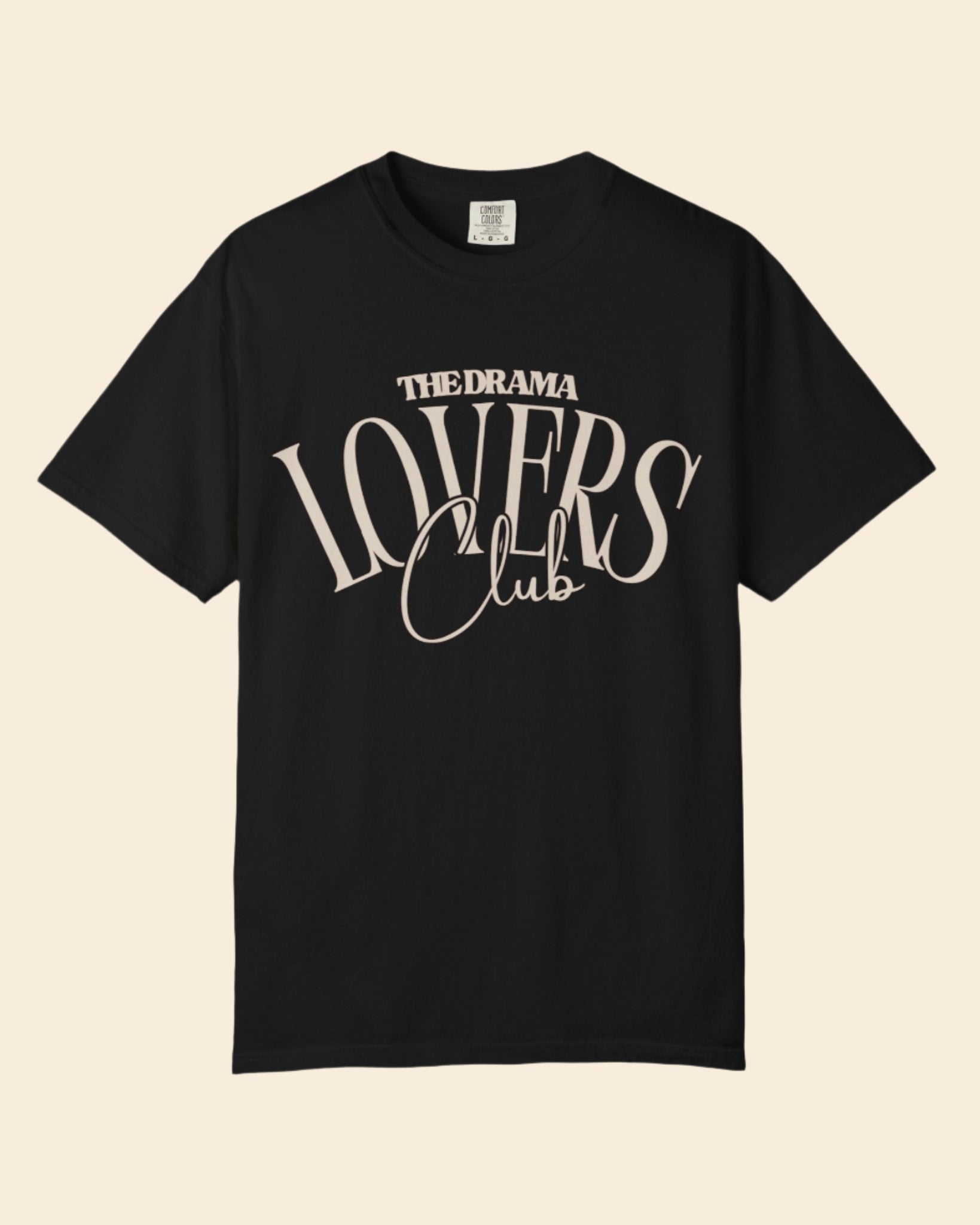 Black t-shirt with 'The Drama Lovers Club' text on a white background