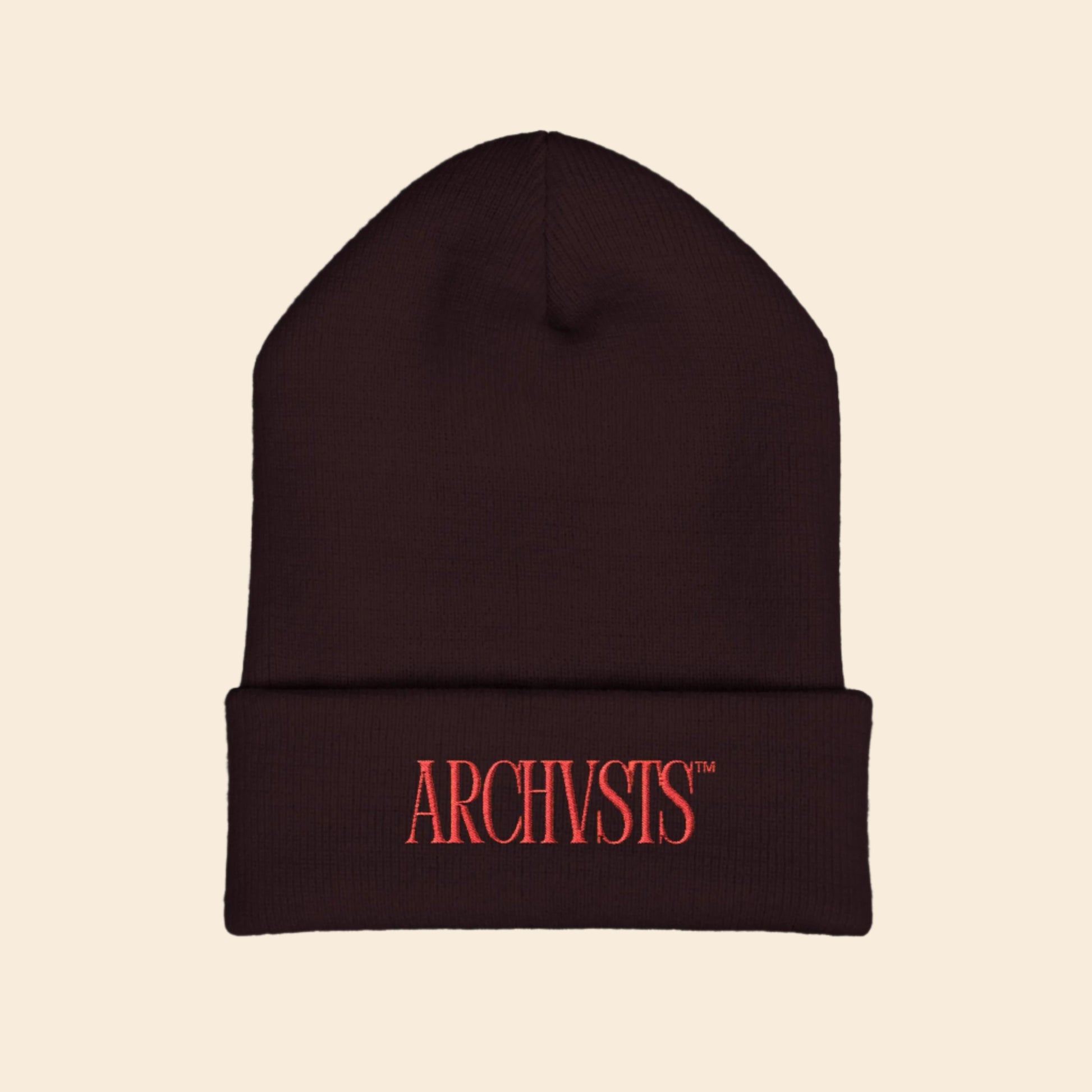 Brown beanie with red 'ARCHVSTS' logo on a white background