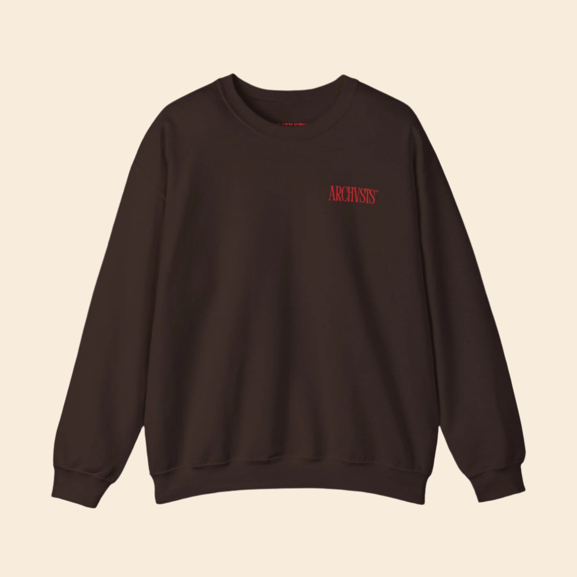 Brown sweatshirt with red logo on a white background
