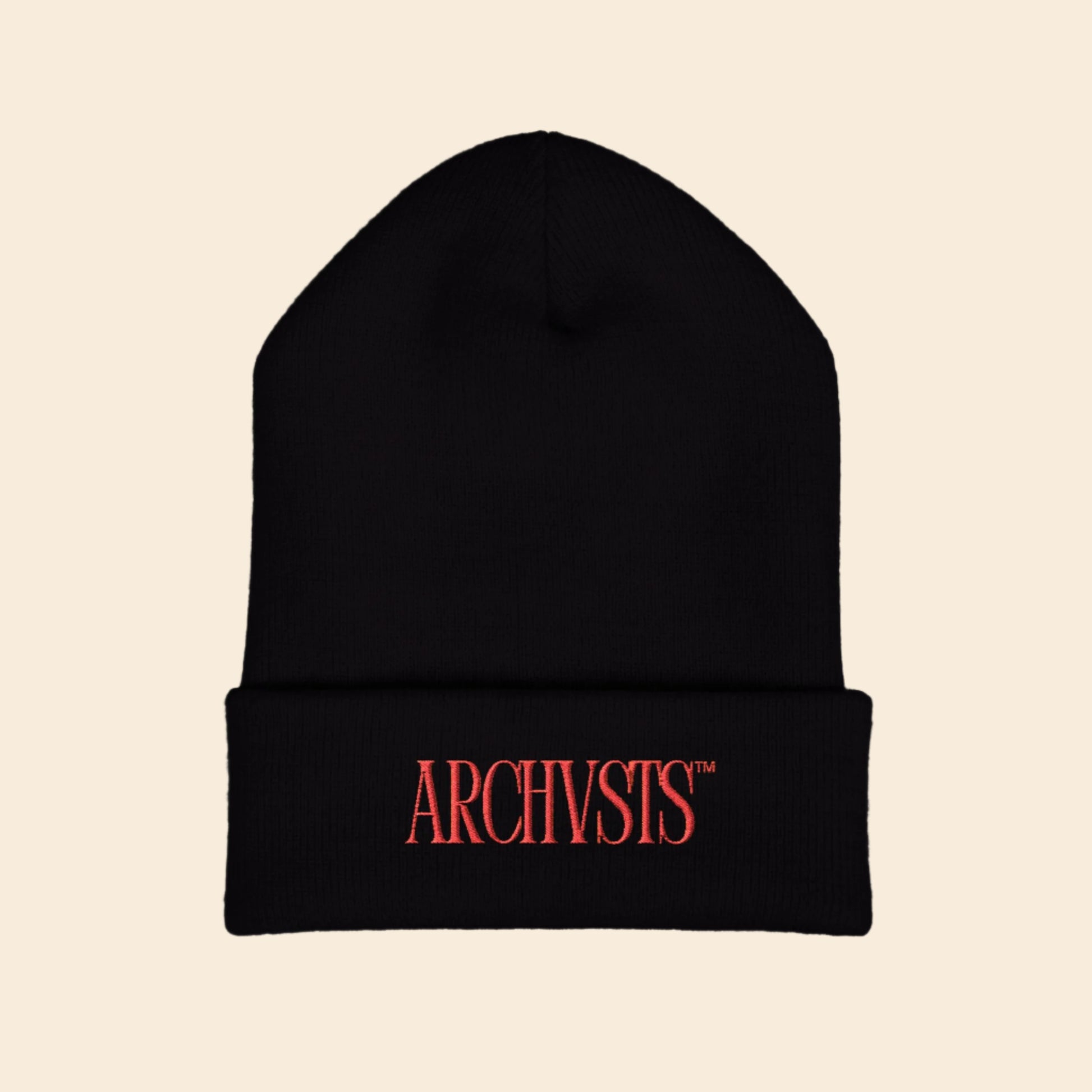 Black beanie with red 'ARCHVSTS' logo on a white background
