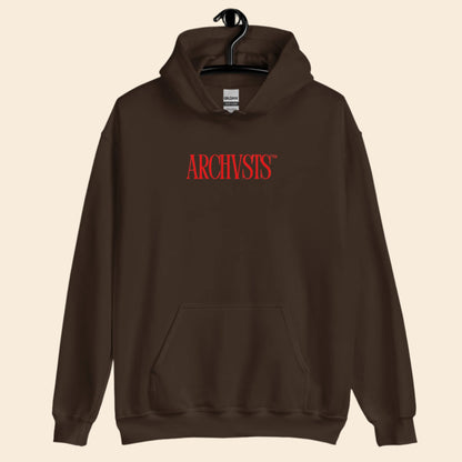 Brown hoodie with red 'ARCHIVISTS' text on a white background