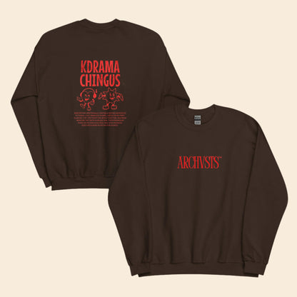 Brown sweatshirt with red text on a white background