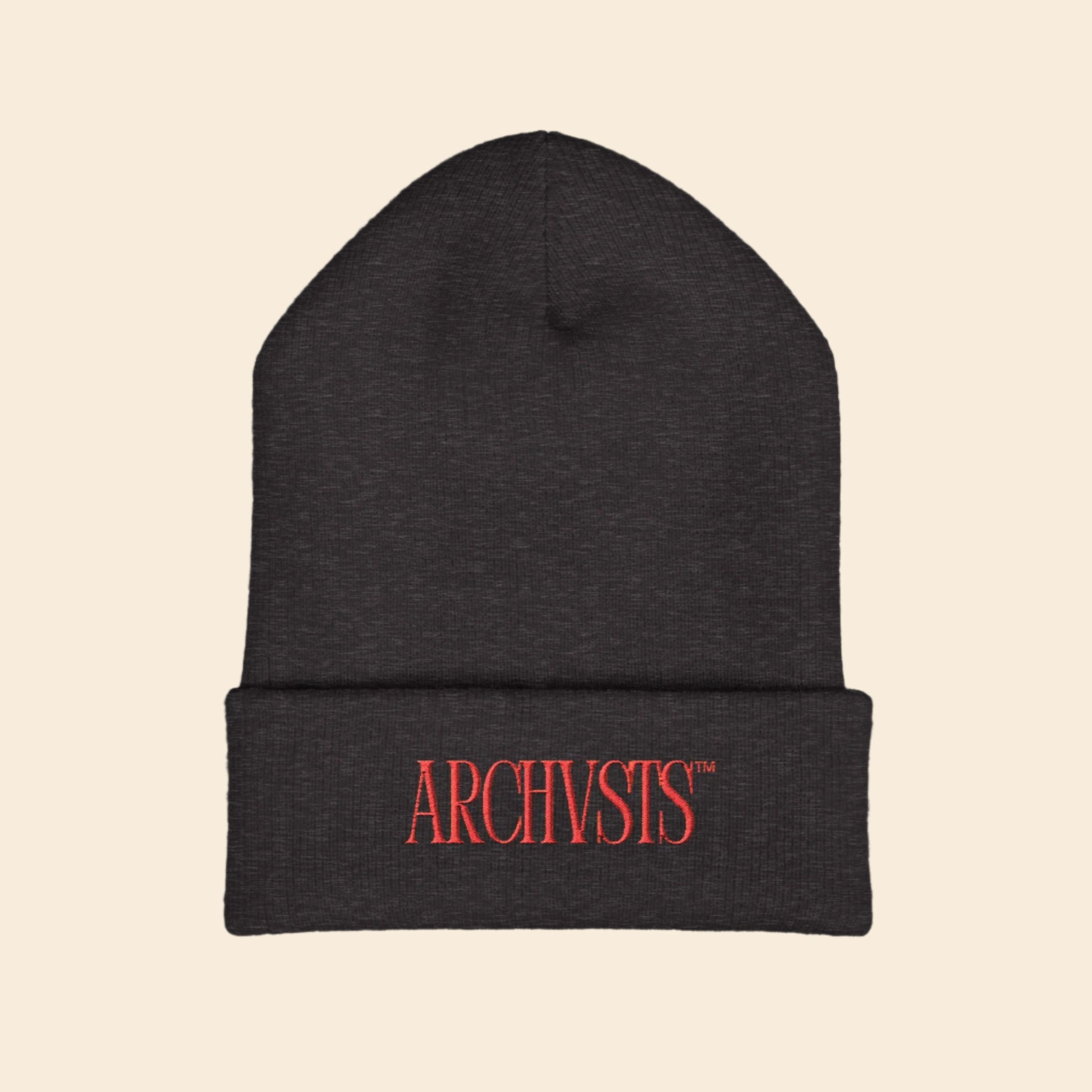 dark grey beanie with red 'ARCHVSTS' logo on a white background