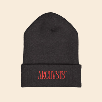 dark grey beanie with red 'ARCHVSTS' logo on a white background